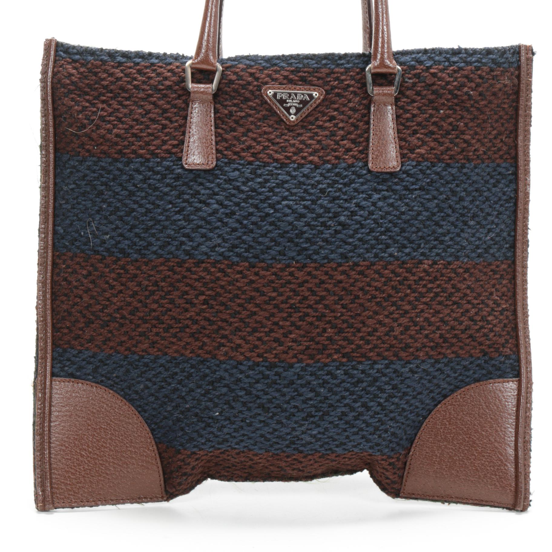 Prada Stripe Woven Wool and Brown Leather Flat Tote