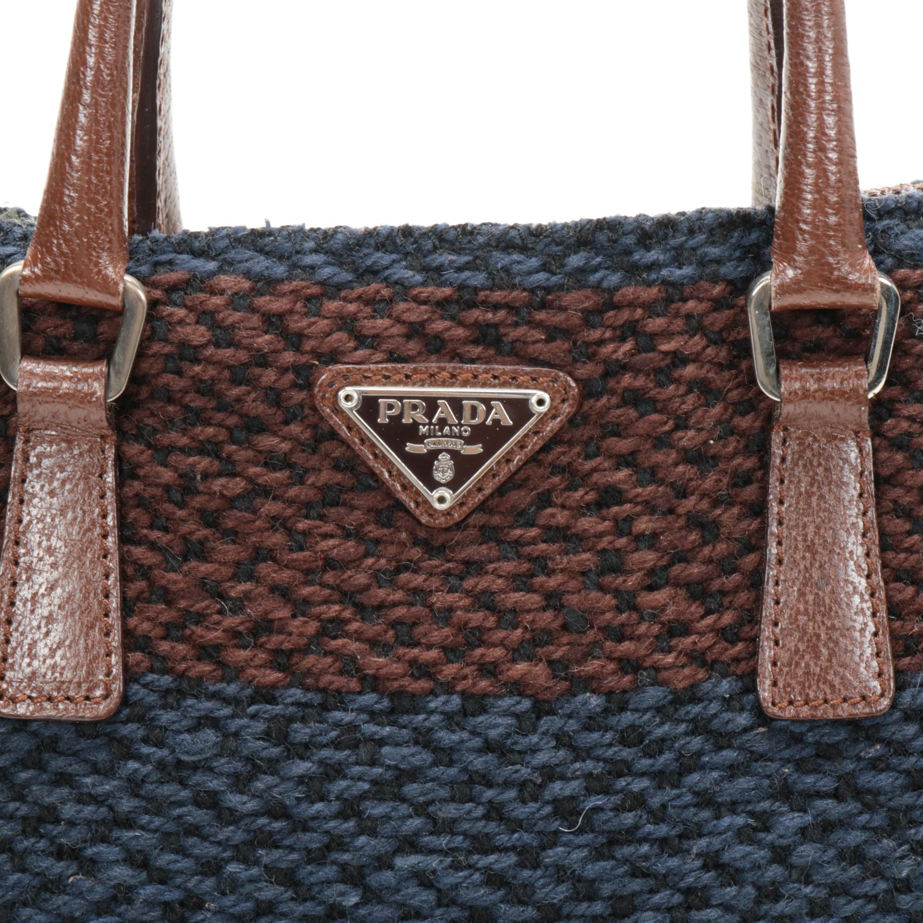 Prada Stripe Woven Wool and Brown Leather Flat Tote