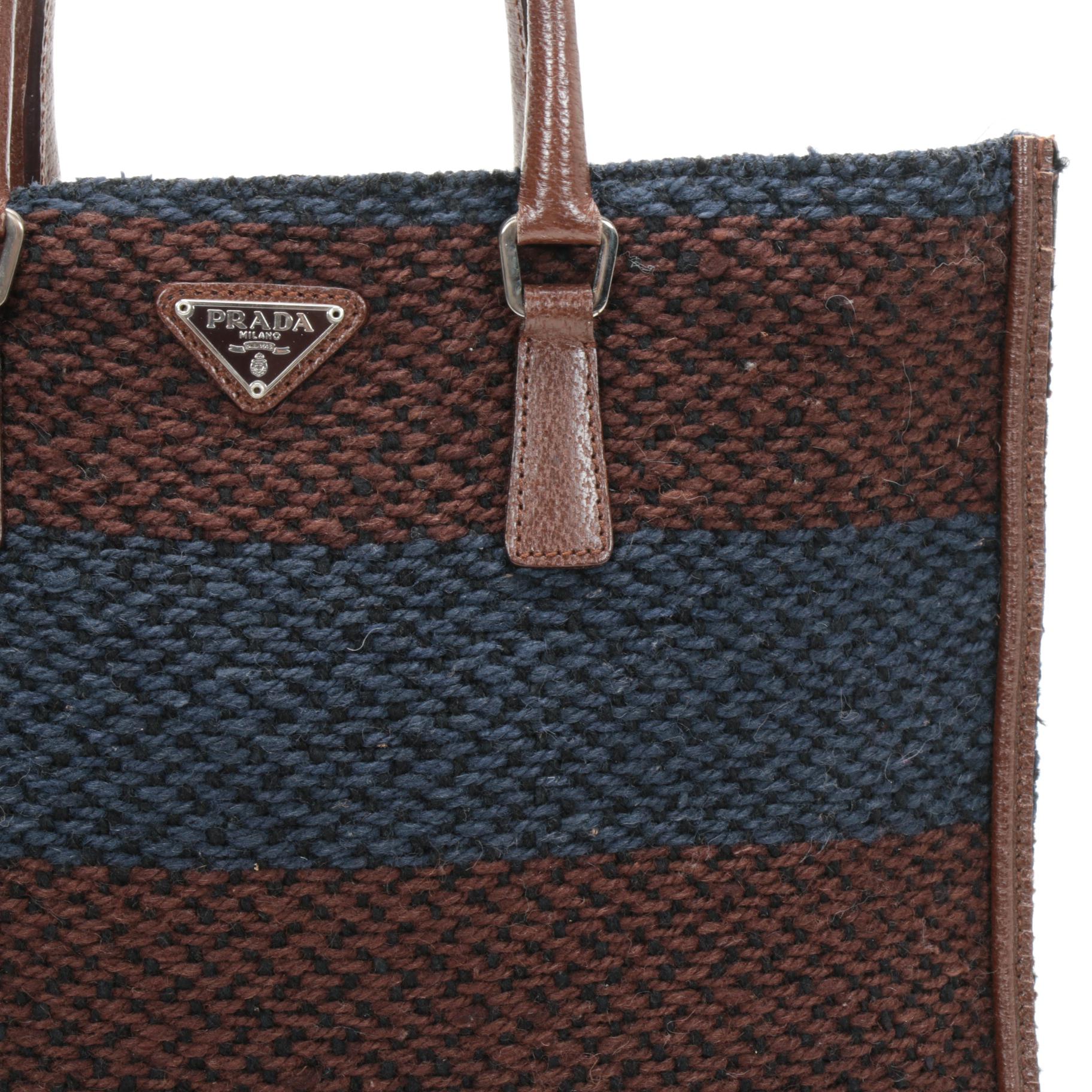 Prada Stripe Woven Wool and Brown Leather Flat Tote