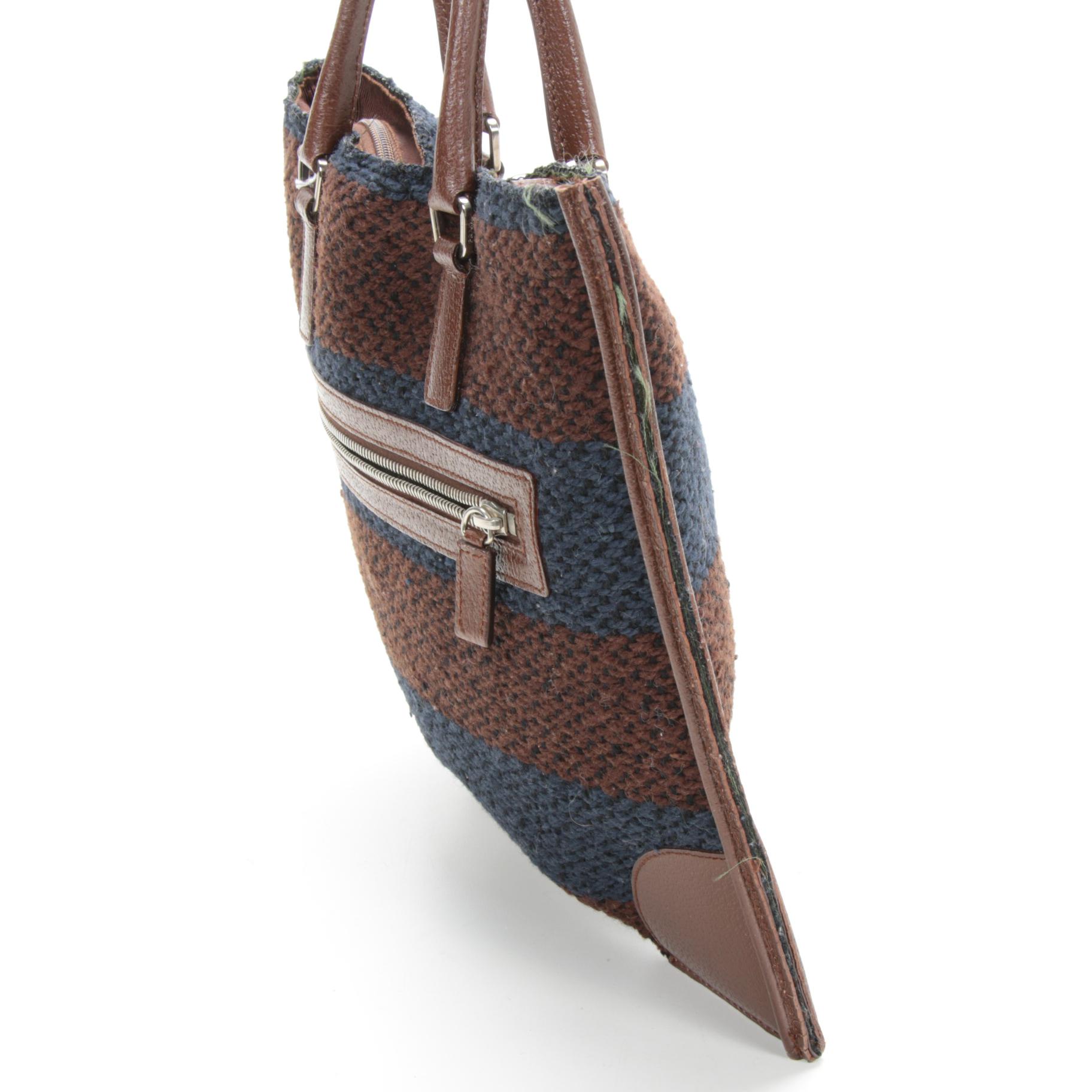 Prada Stripe Woven Wool and Brown Leather Flat Tote