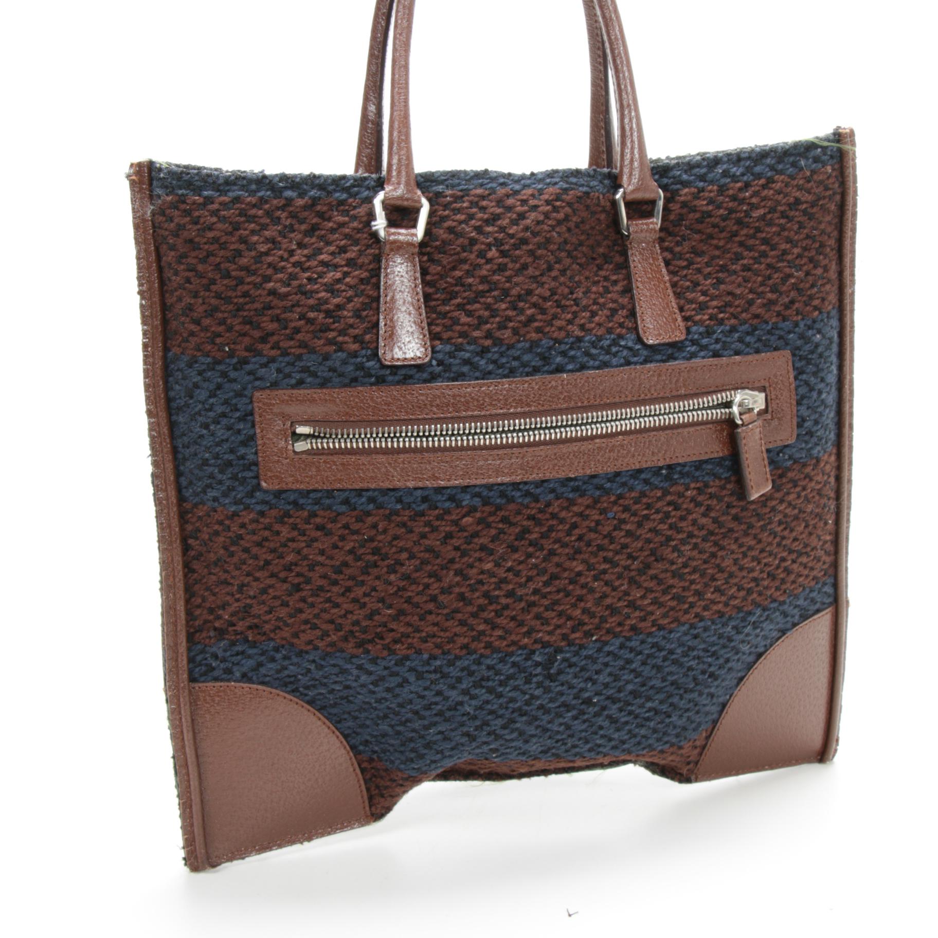 Prada Stripe Woven Wool and Brown Leather Flat Tote