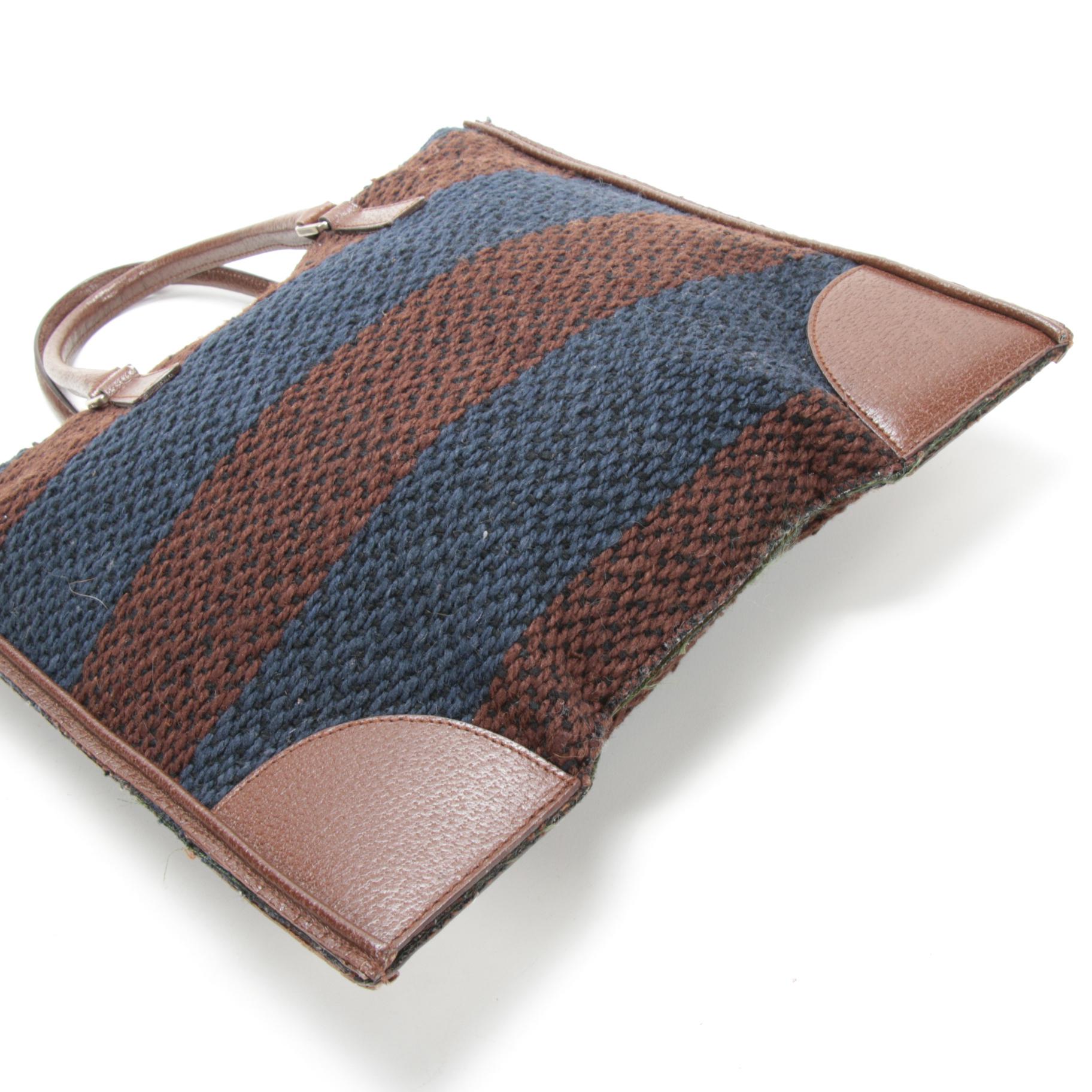 Prada Stripe Woven Wool and Brown Leather Flat Tote