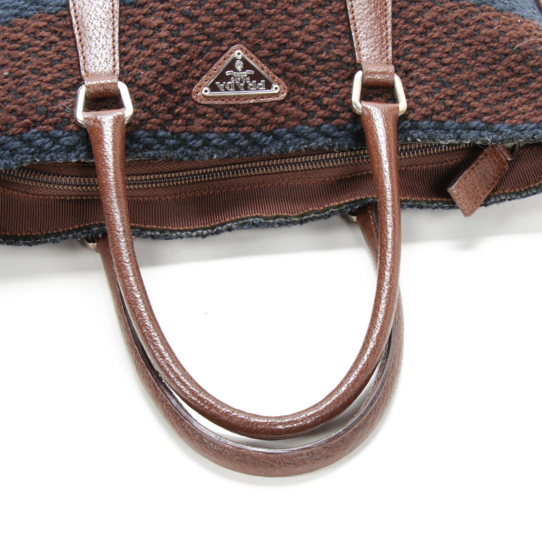 Prada Stripe Woven Wool and Brown Leather Flat Tote
