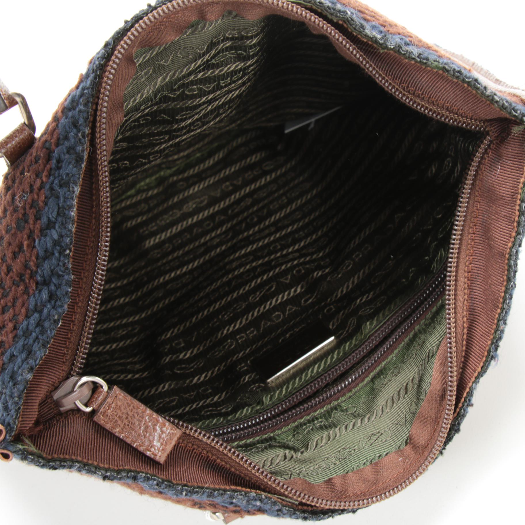 Prada Stripe Woven Wool and Brown Leather Flat Tote