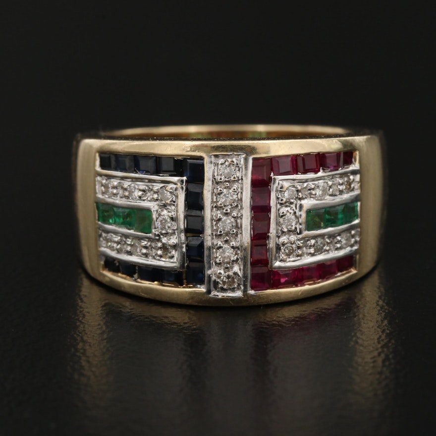 14K Ring with Diamond, Ruby, Emerald and Sapphire