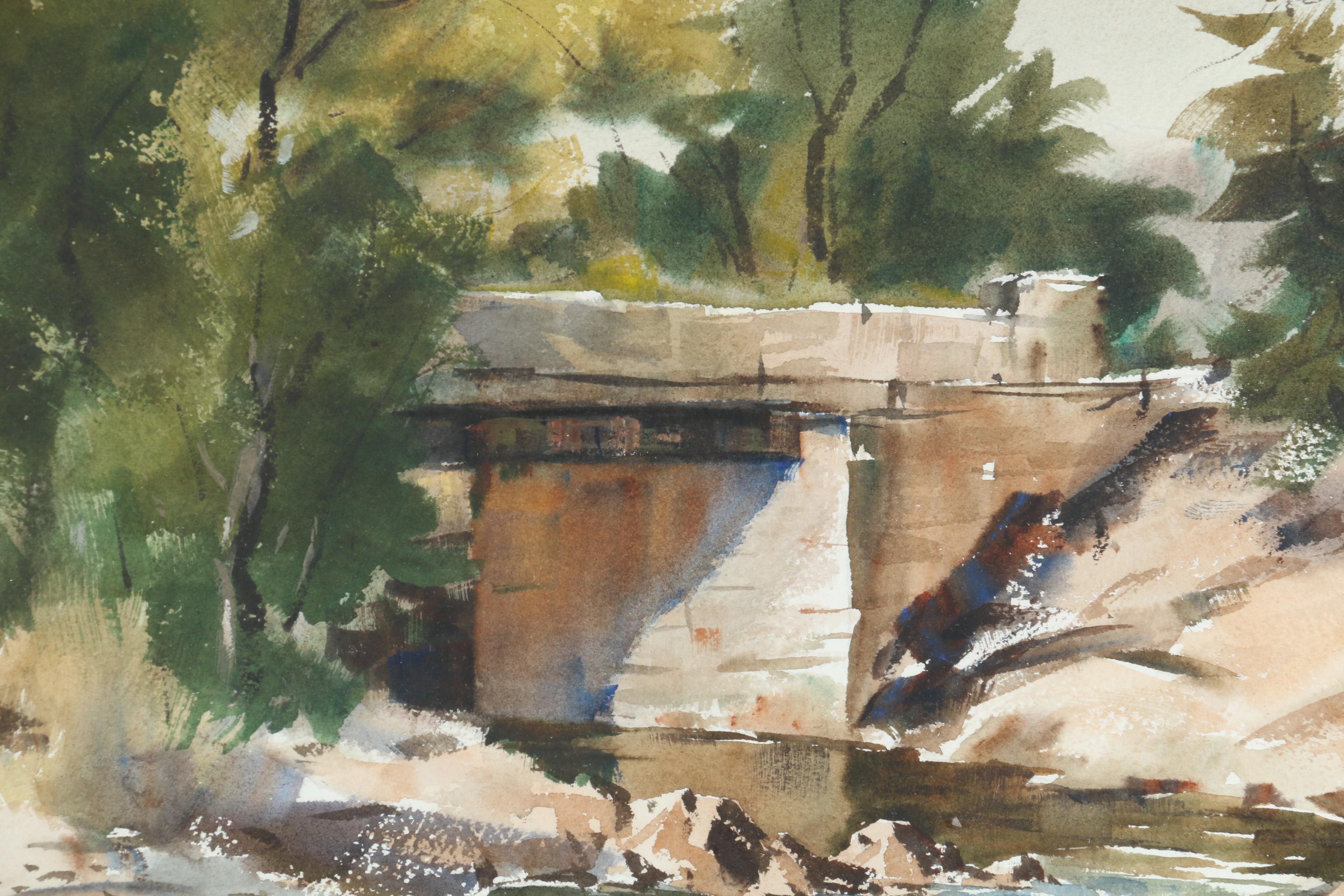 Othello Michetti Watercolor Painting of Forest Creek Landscape with Bridge