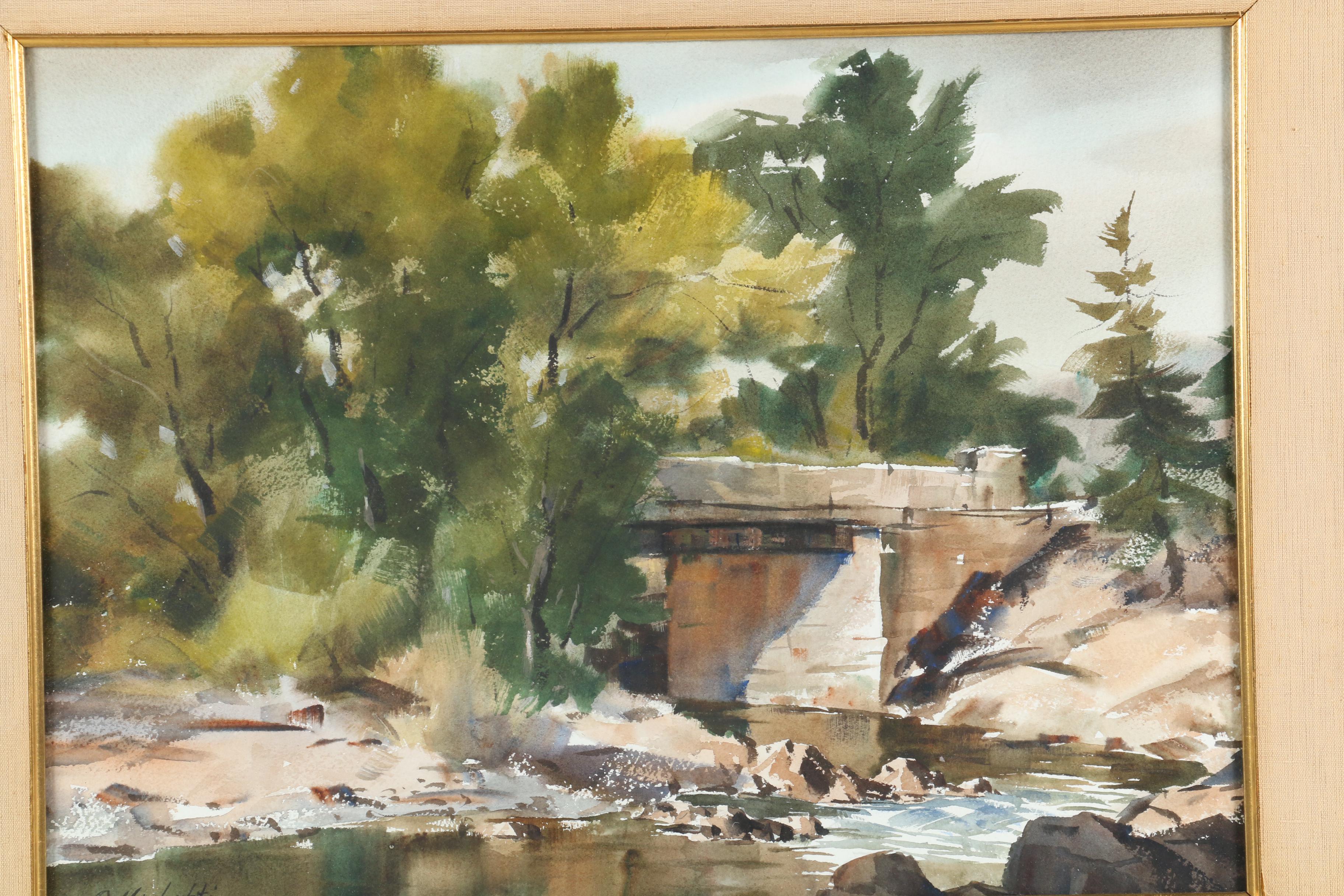 Othello Michetti Watercolor Painting of Forest Creek Landscape with Bridge