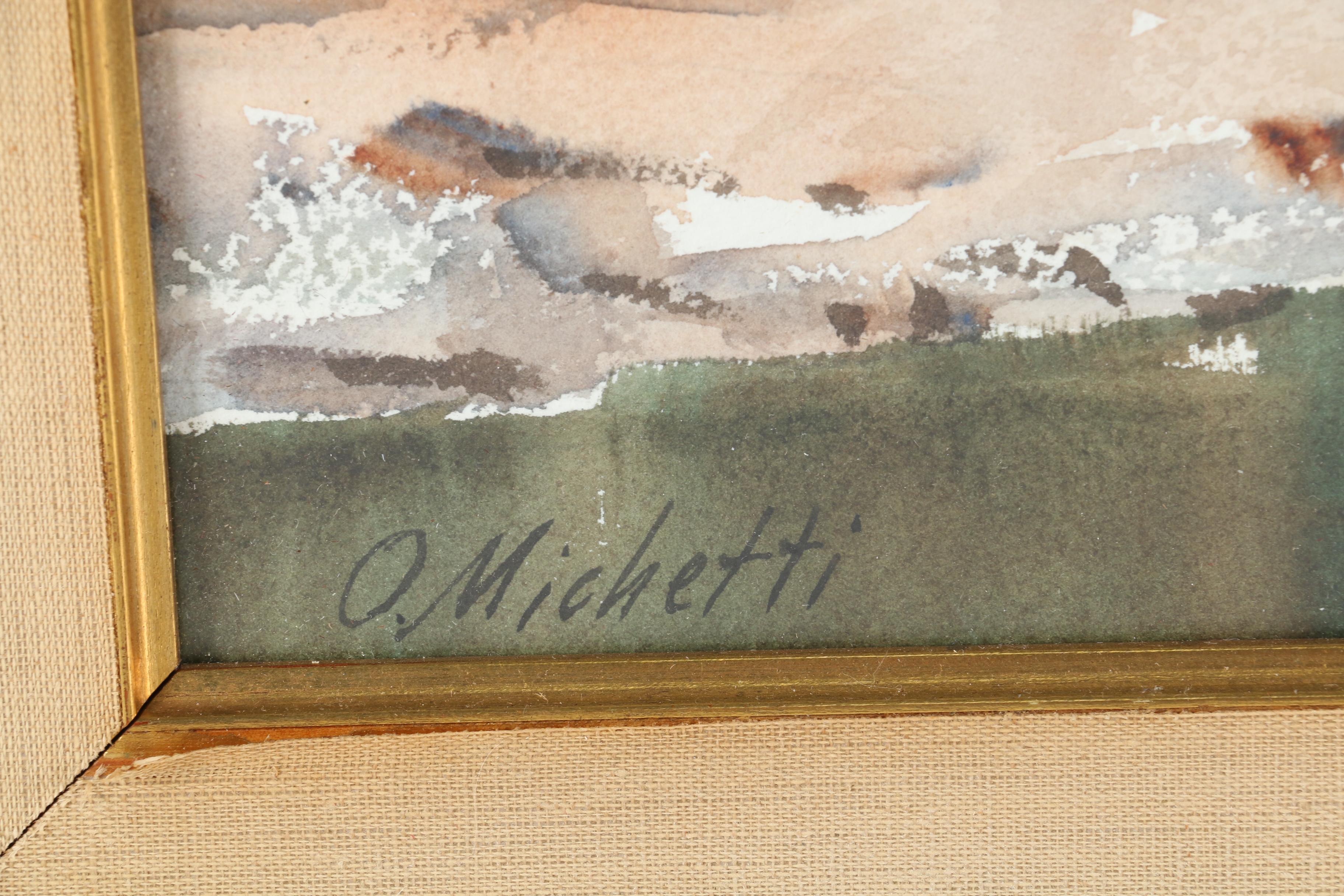 Othello Michetti Watercolor Painting of Forest Creek Landscape with Bridge