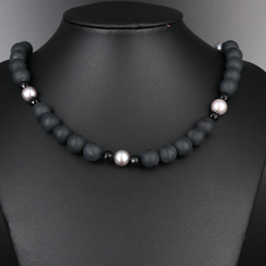 Black Onyx and Cultured Pearl Strand Necklace with Sterling Clasp