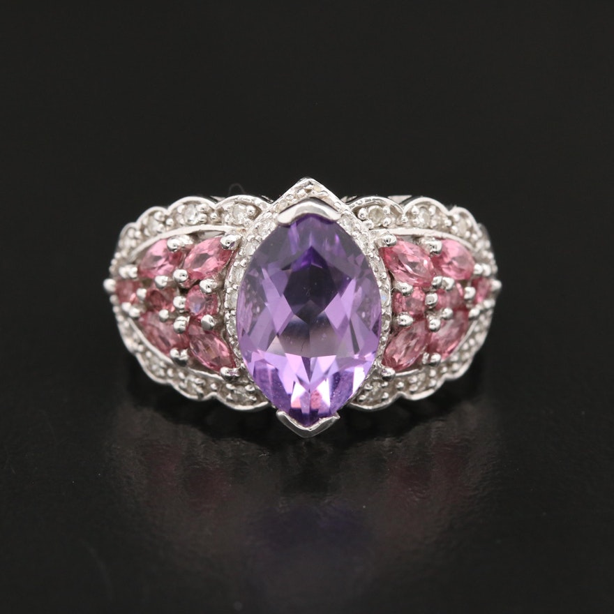 14K Amethyst, Pink Tourmaline and Diamond Ring