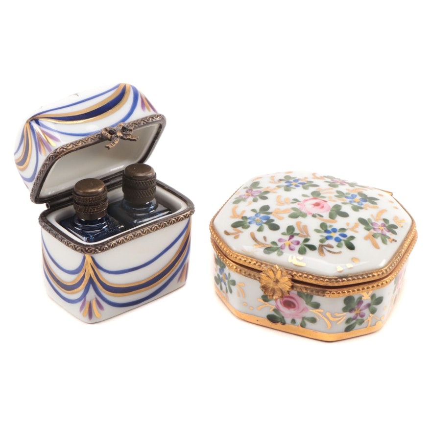 French Hand-Painted Porcelain Perfume Casket and Trinket Boxes