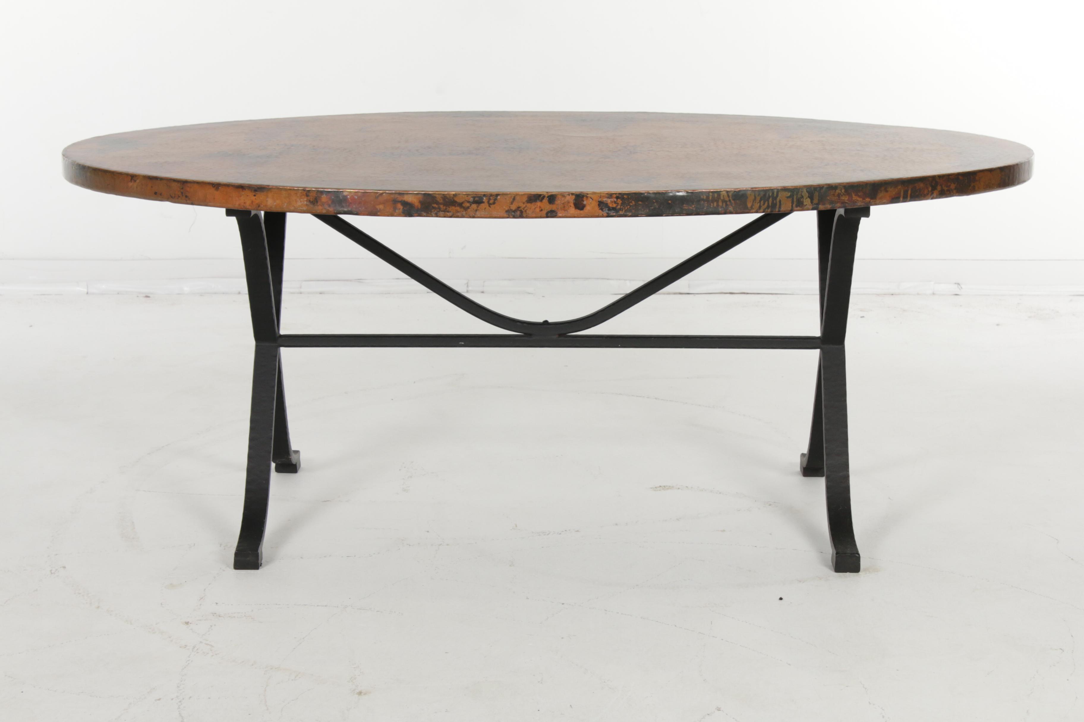 Arhaus Recycled Hammered Copper Top Dining Table with "Arvada" Forged Iron Base