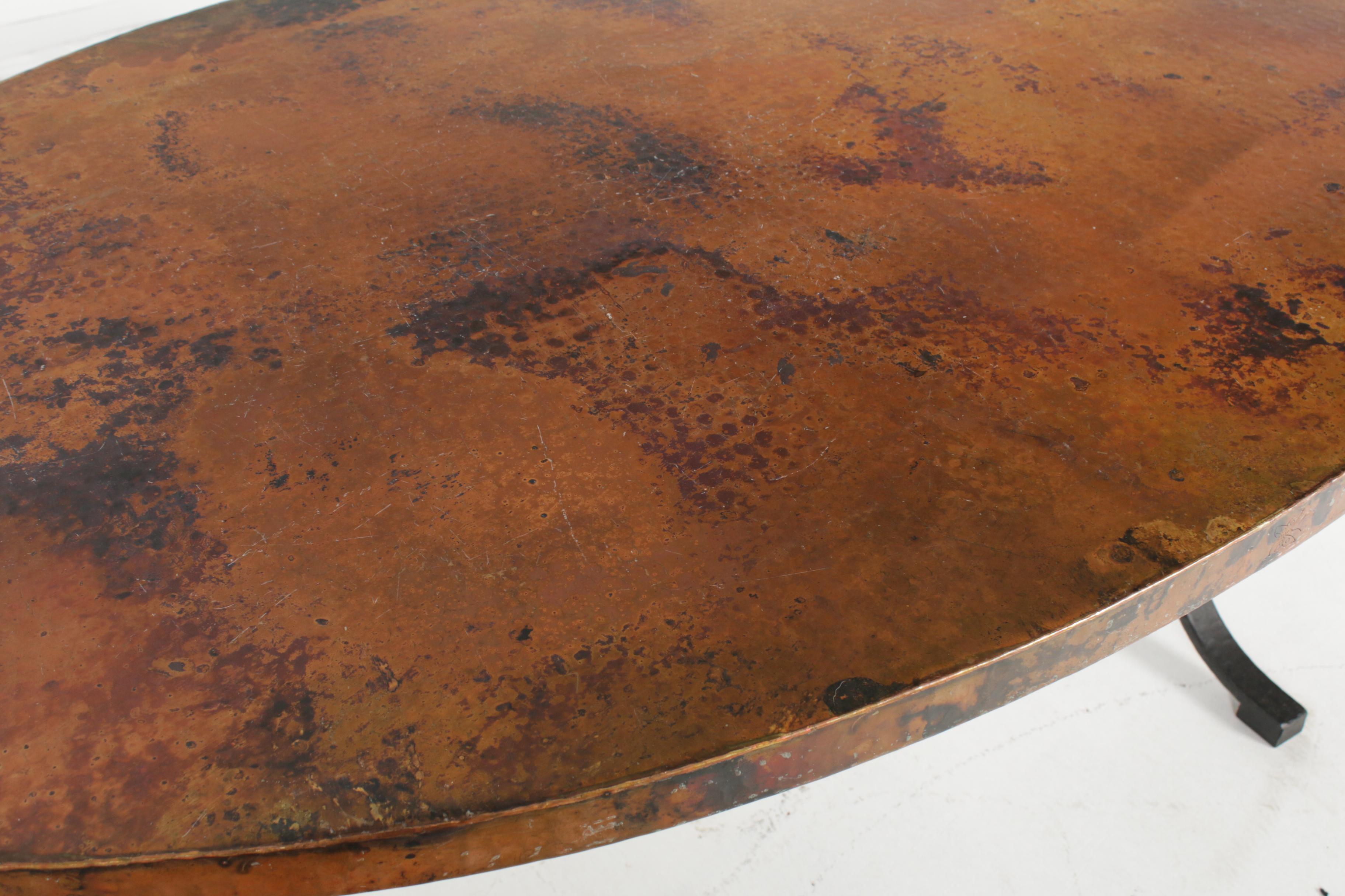 Arhaus Recycled Hammered Copper Top Dining Table with "Arvada" Forged Iron Base