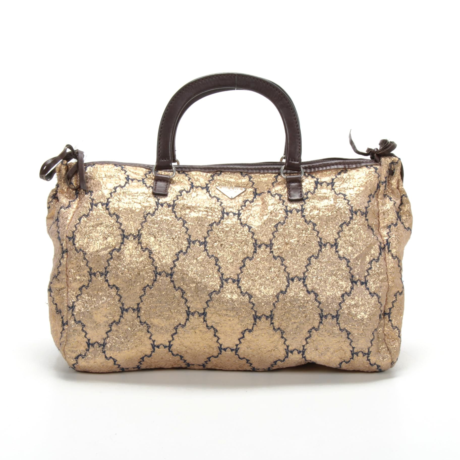 Prada Gold Brocade and Brown Leather Top Handle Bag