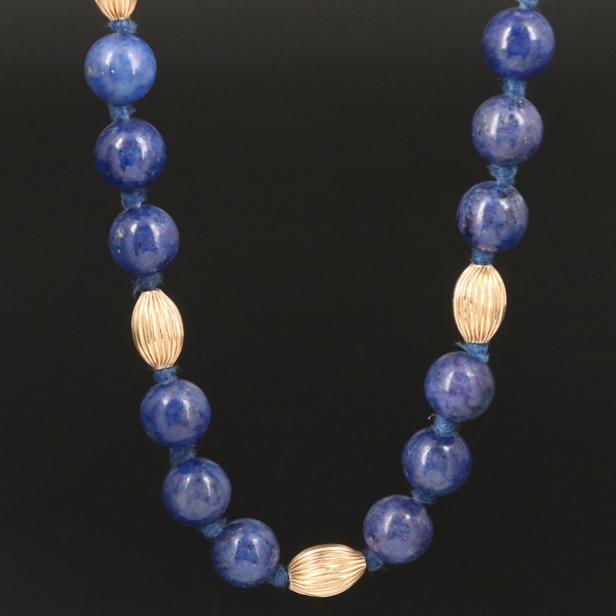 Knotted Lapis Lazuli Beaded Necklace with 14K Clasp and Spacer Beads