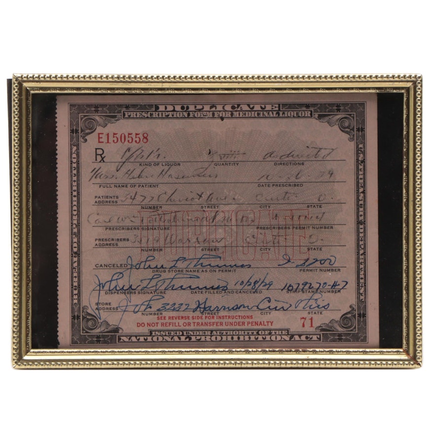 Depression Era National Prohibition Act Medicinal Form for Alcohol, 1929