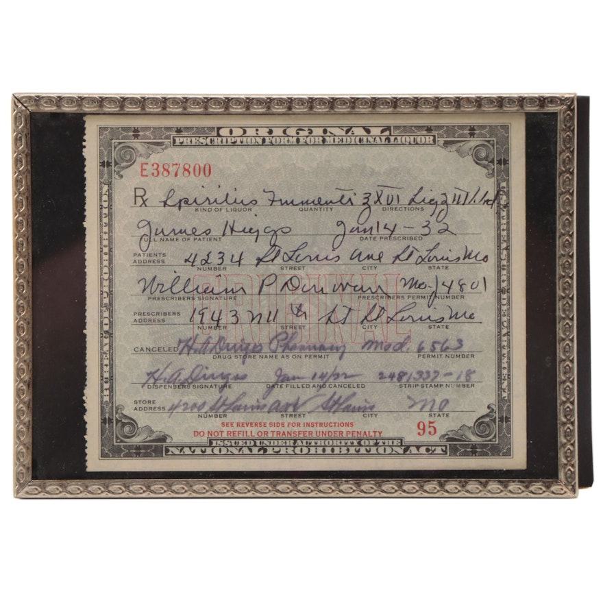 Depression Era National Prohibition Act Medicinal Form for Alcohol, 1932