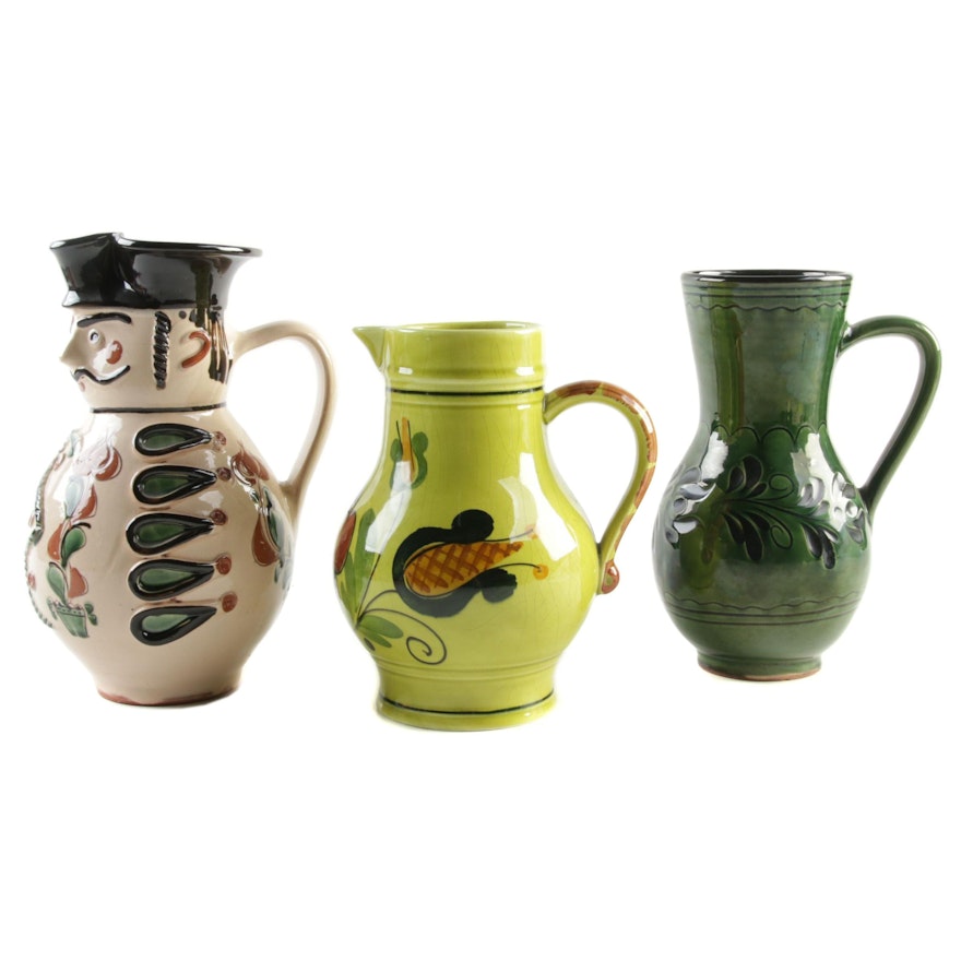 Hungarian and German Hand-Made Earthenware Pitchers, Vintage