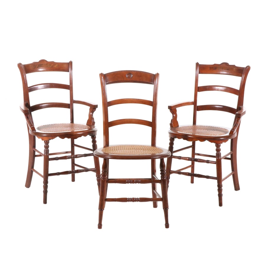 Transitional Oak Chairs with Woven Cane Seats, Set of Three, Early 20th Century