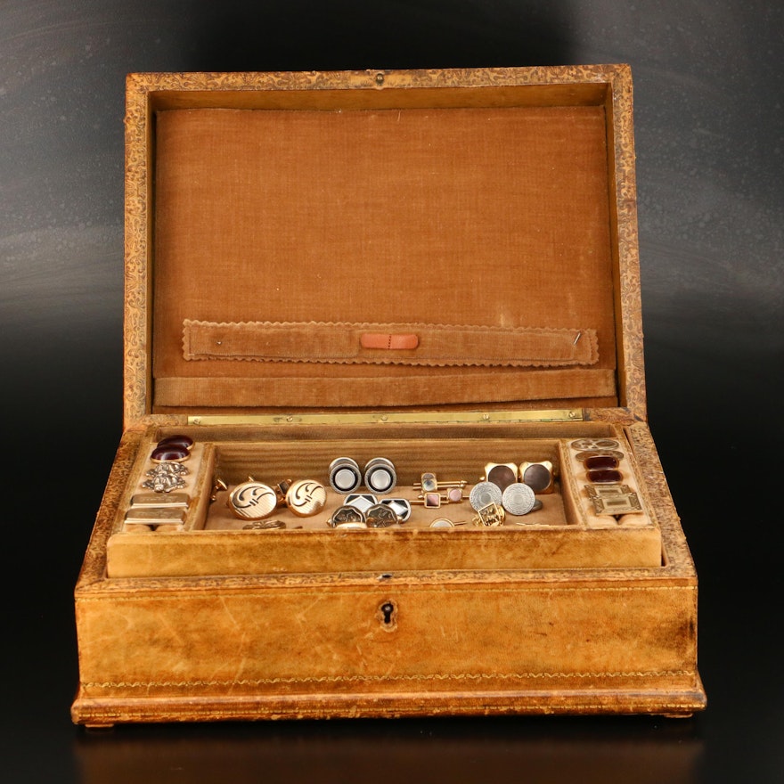 Victorian Leather Jewelry Box Featuring Kum-a-Part Cufflinks