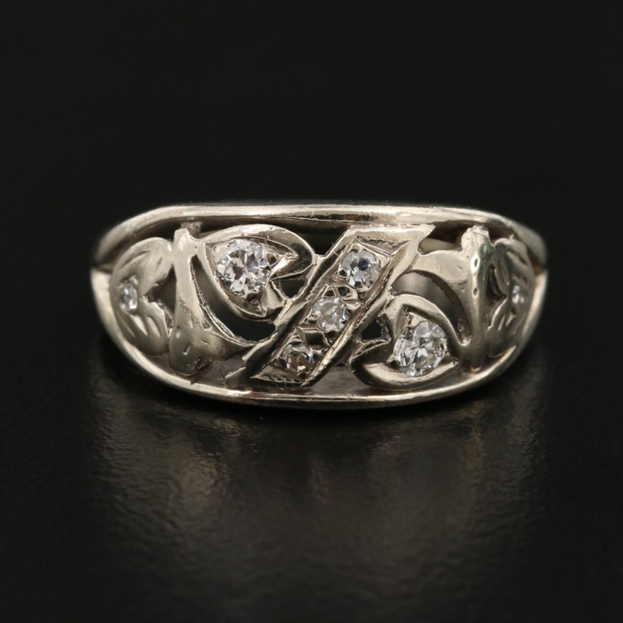 14K Gold Diamond Ring with Scroll Detail