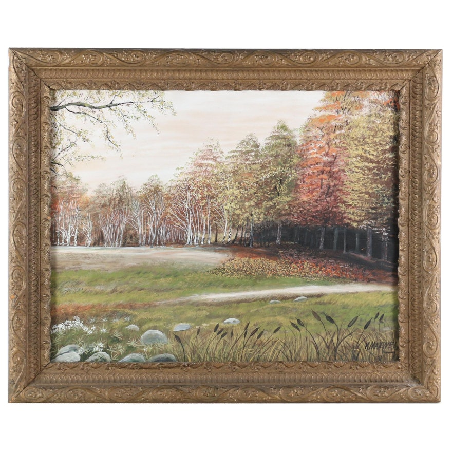 Autumn Park Landscape Watercolor and Gouache Painting, Early to Mid 20th Century