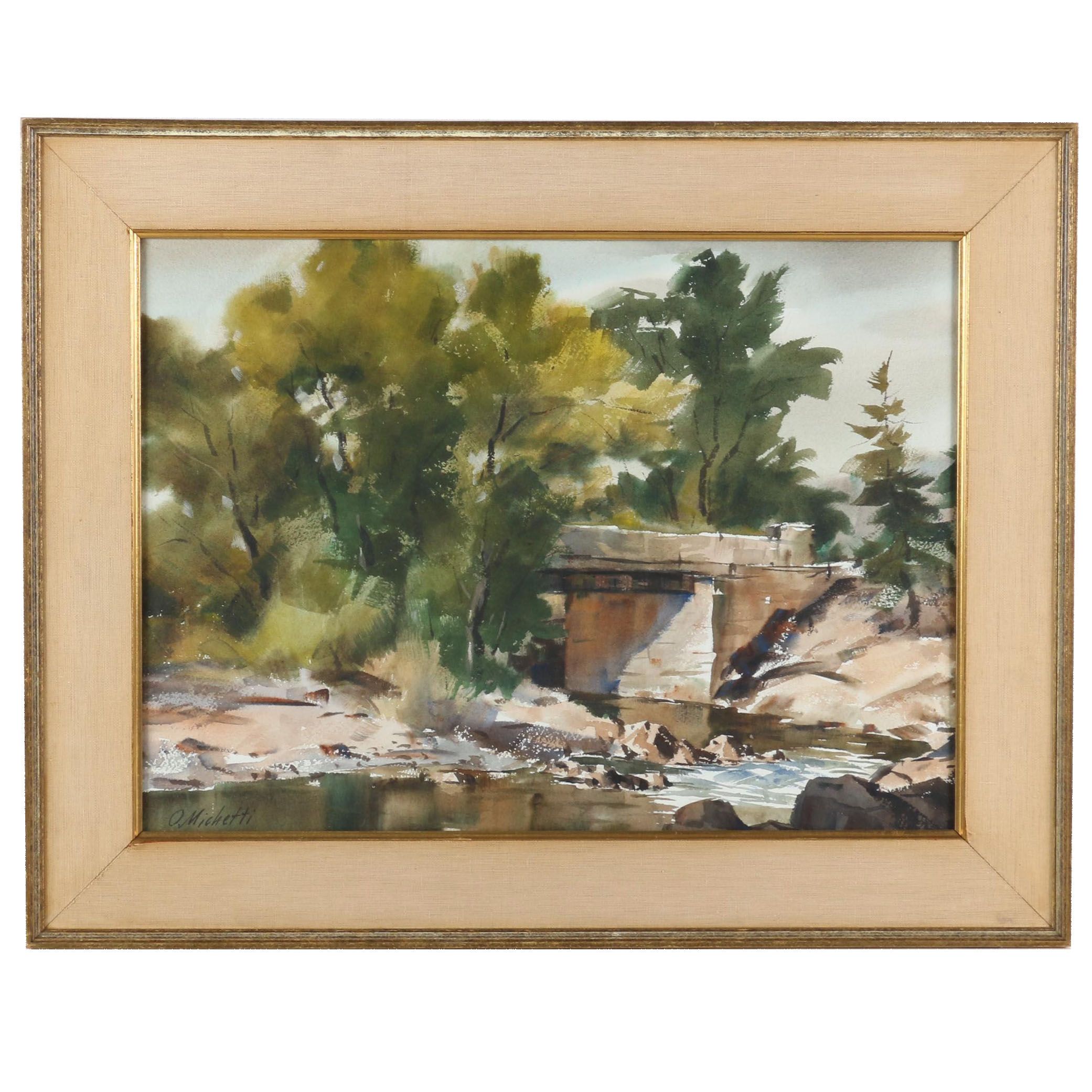 Othello Michetti Watercolor Painting of Forest Creek Landscape with Bridge