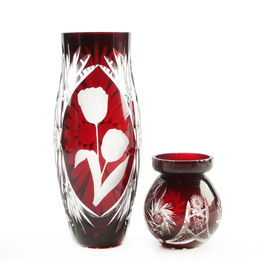 Bohemian Ruby Cut to Clear Glass Floral and Pinwheel Motif Vases