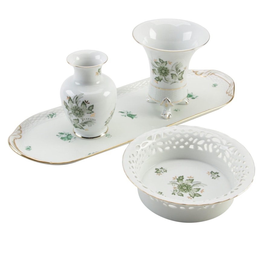 Herend Porcelain Oblong Tray and Hollóháza Green and Gold Leaf Bowl and Vases