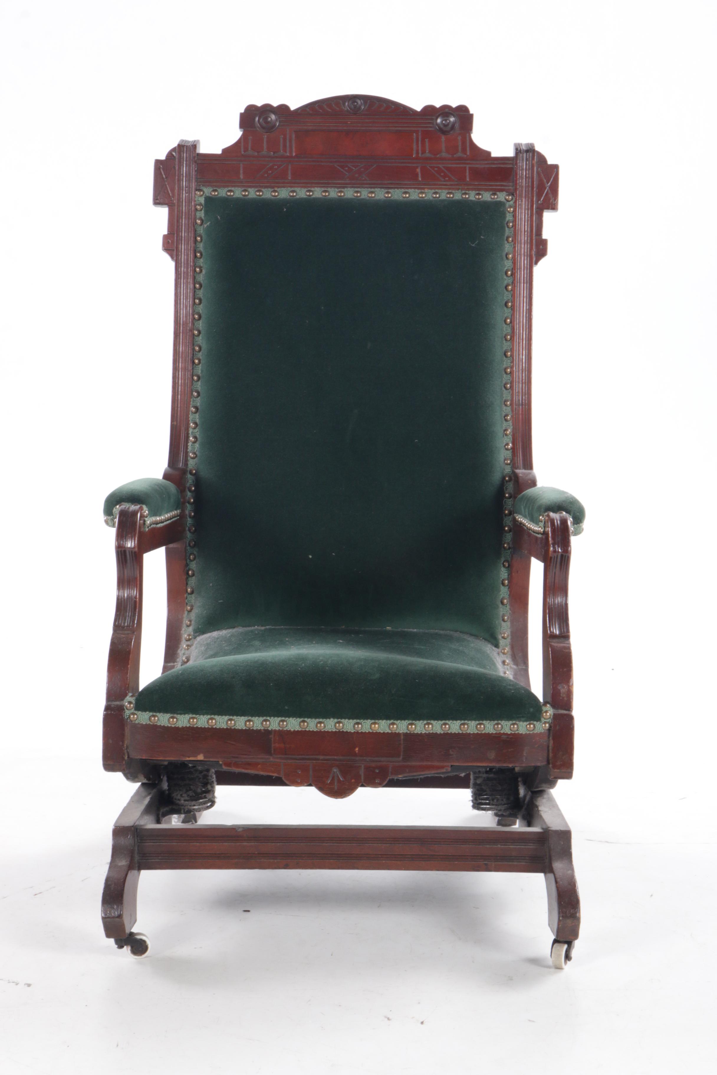 Victorian, Eastlake Style Velvet-Upholstered Walnut Platform Rocking Chair