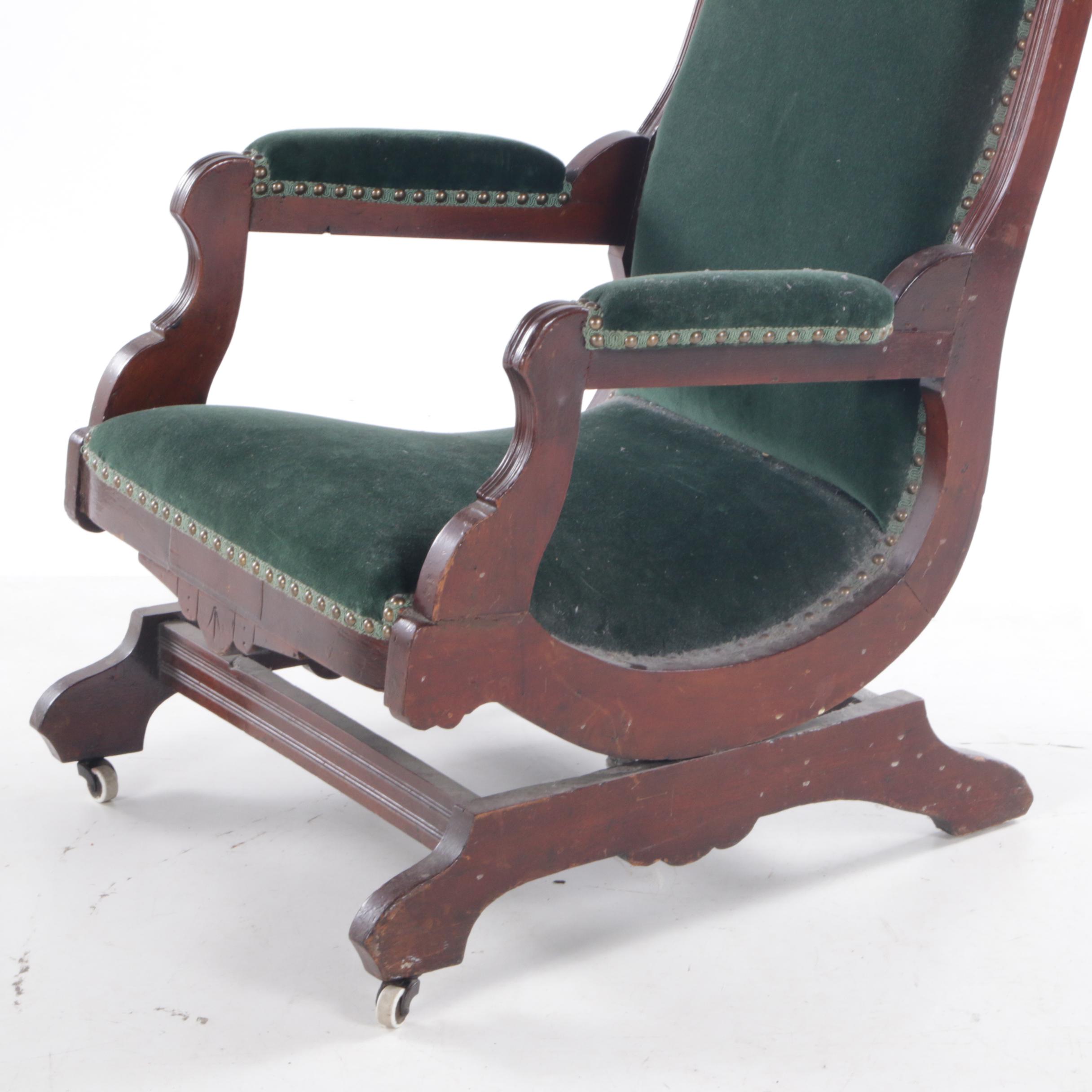 Victorian, Eastlake Style Velvet-Upholstered Walnut Platform Rocking Chair