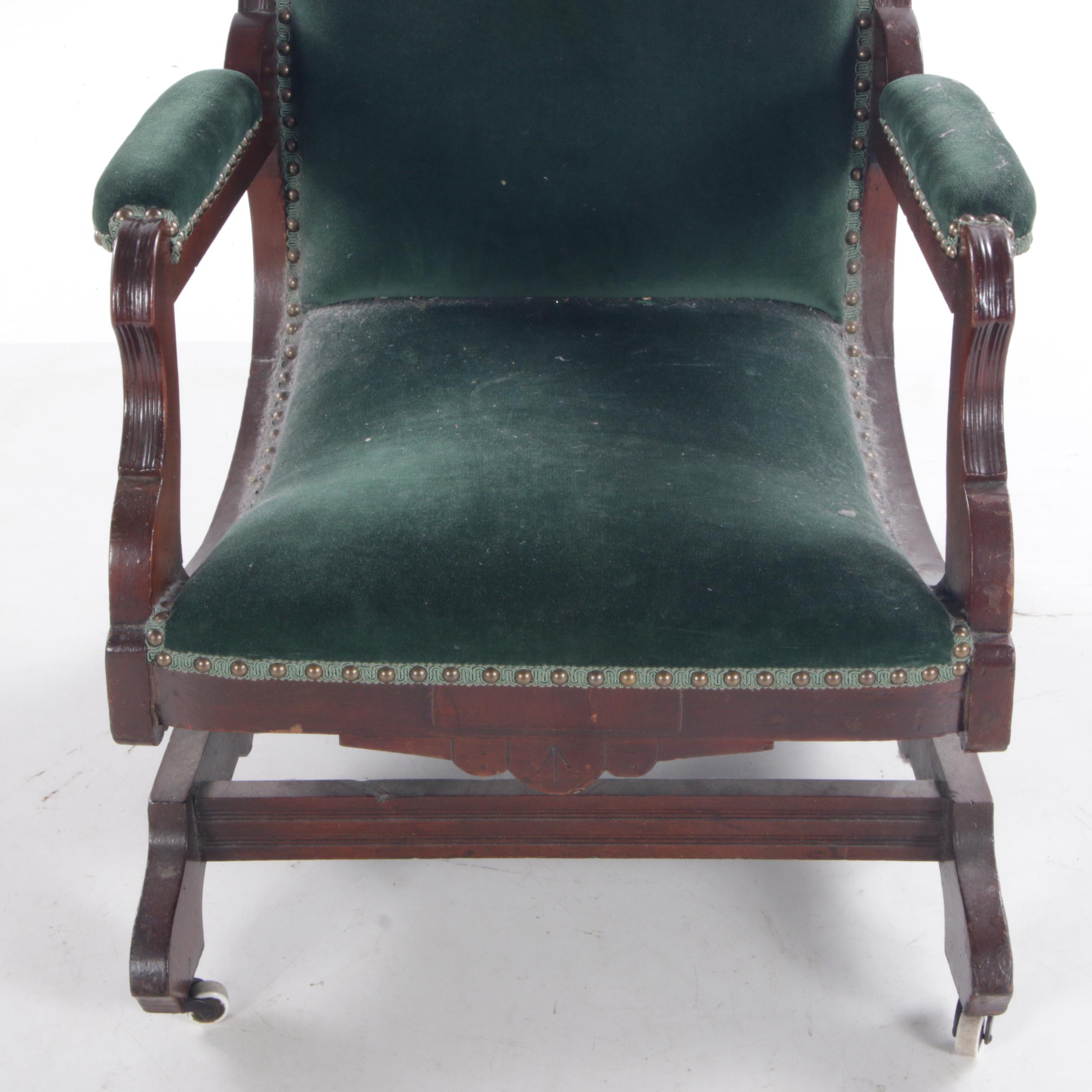 Victorian, Eastlake Style Velvet-Upholstered Walnut Platform Rocking Chair
