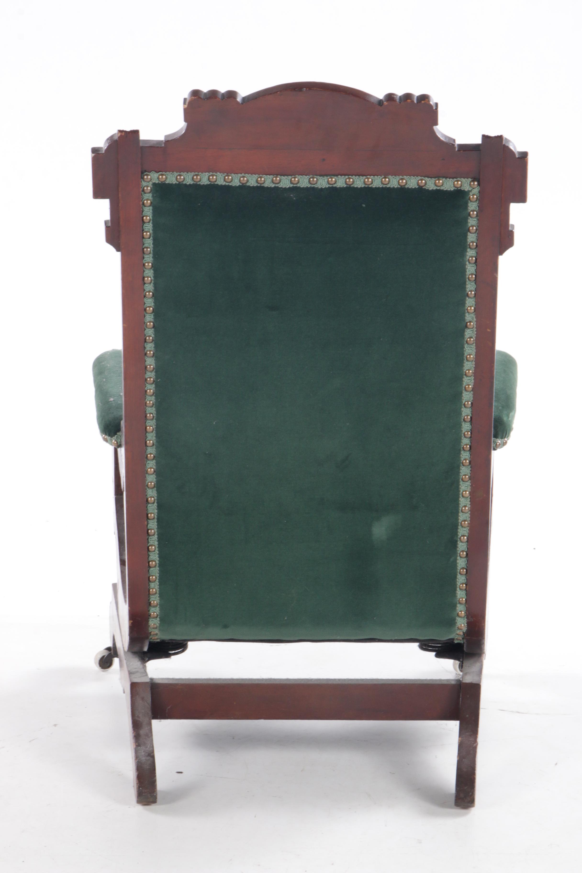Victorian, Eastlake Style Velvet-Upholstered Walnut Platform Rocking Chair