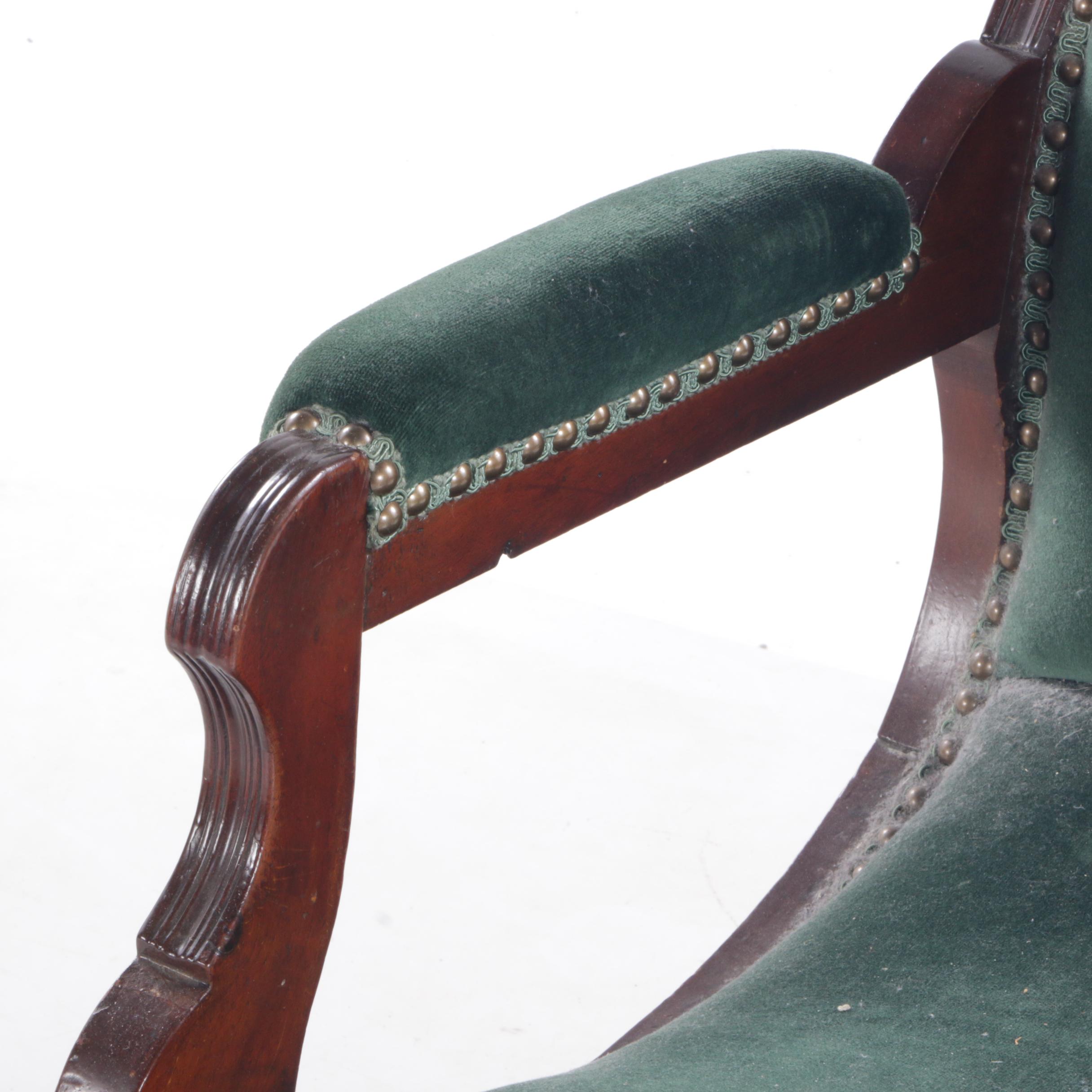Victorian, Eastlake Style Velvet-Upholstered Walnut Platform Rocking Chair