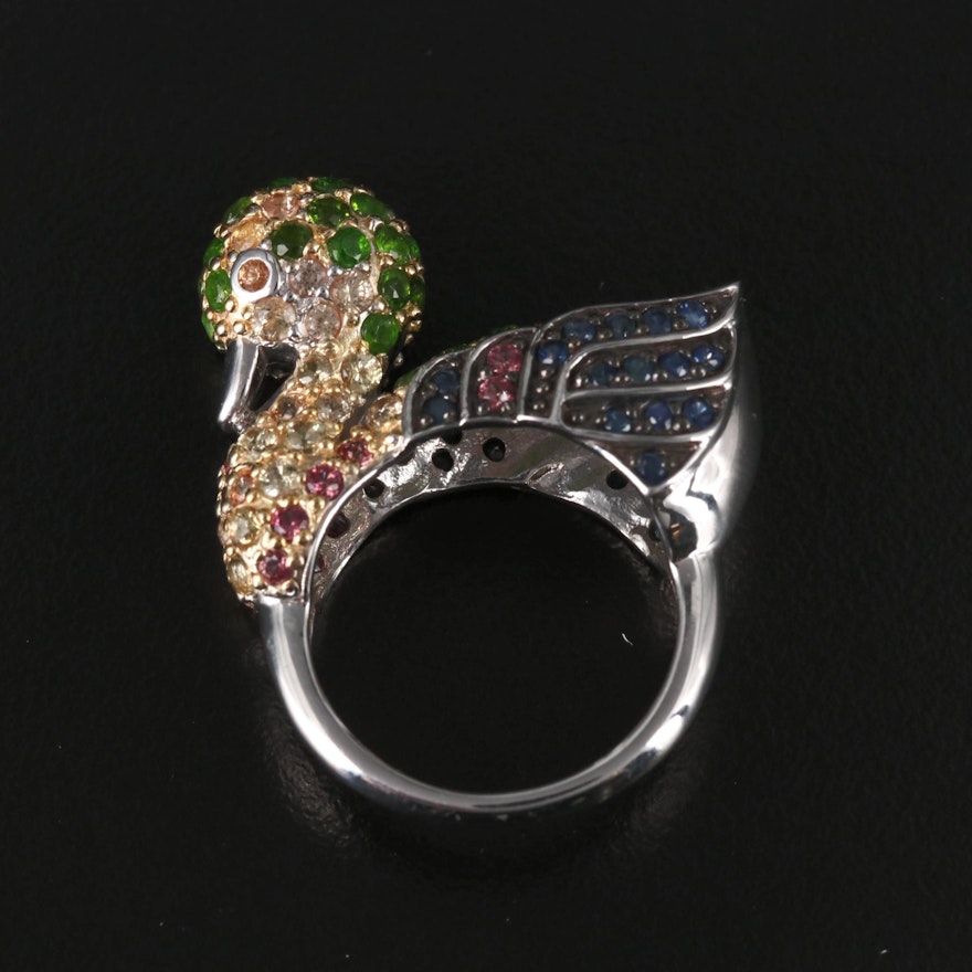 Sterling Silver Diopside and Sapphire Duck Ring
