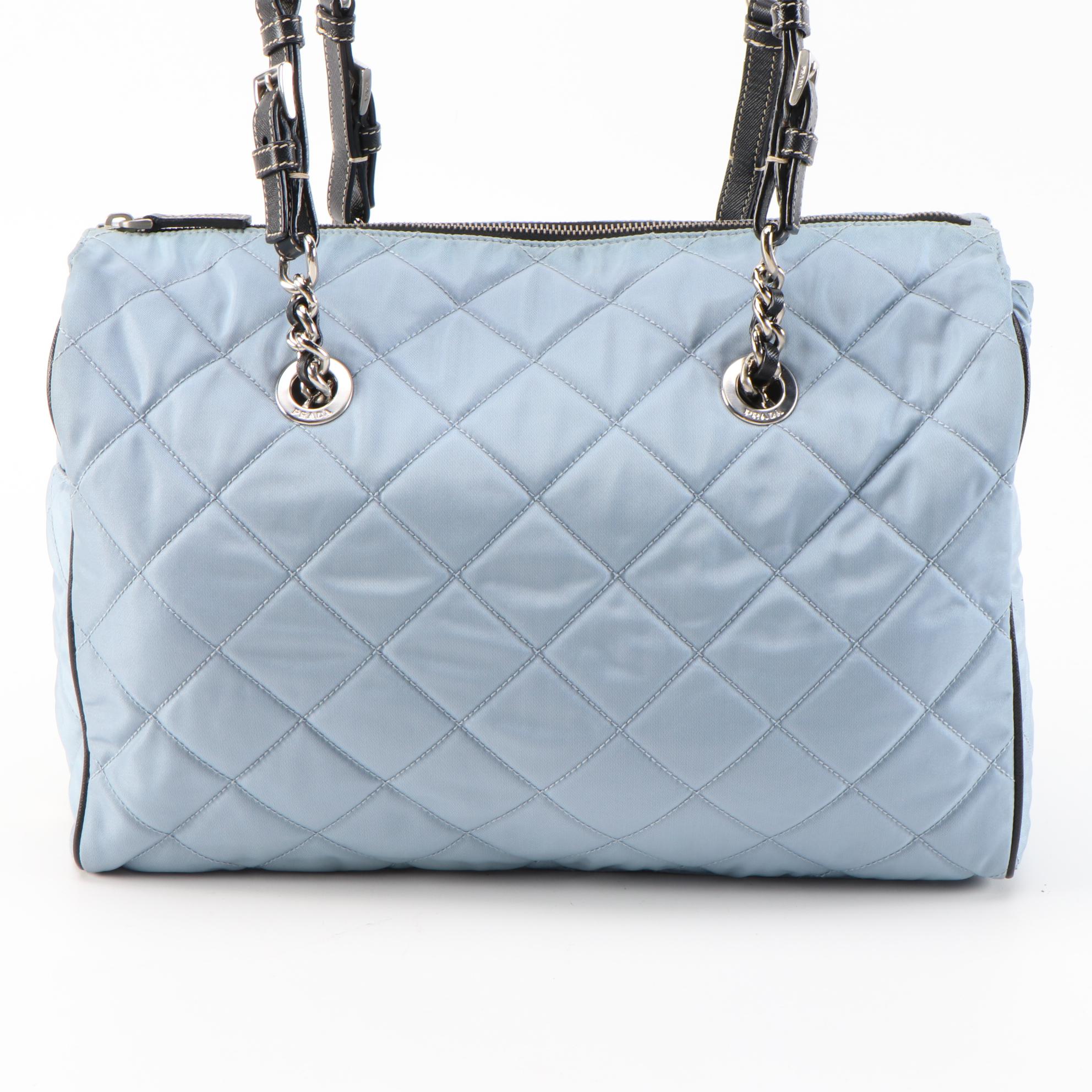 Prada Tote Bag in Light Blue Quilted Nylon with Black Saffiano Leather Trim