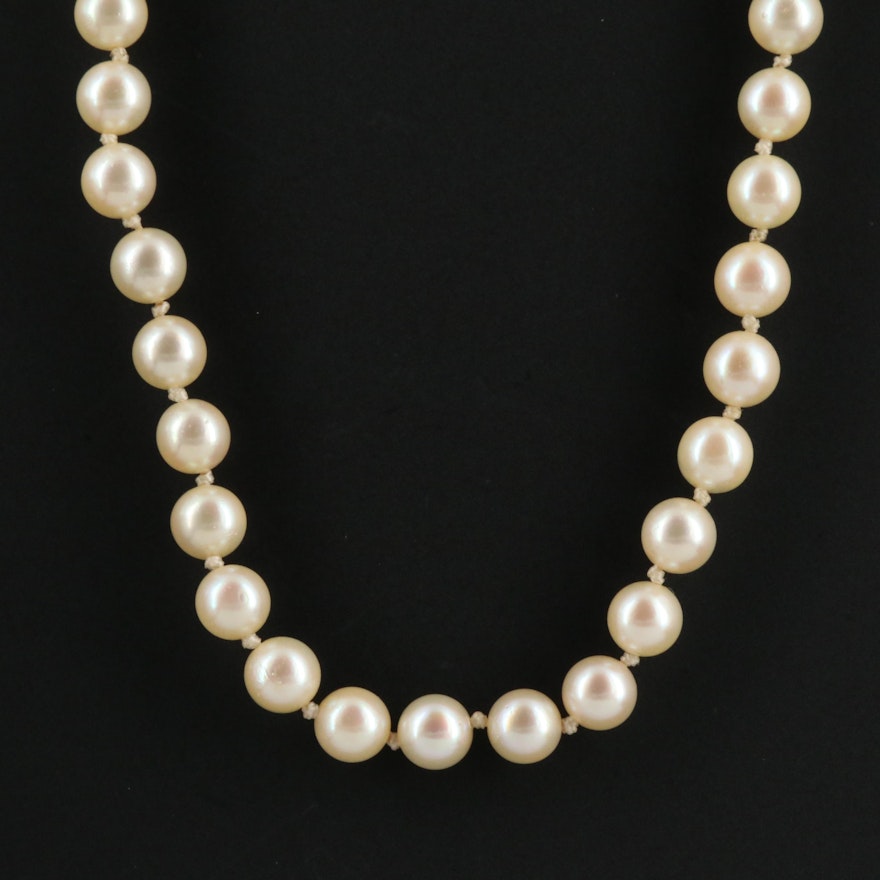 Vintage Hand Knotted Cultured Pearl Strand Necklace with Sterling Silver Clasp