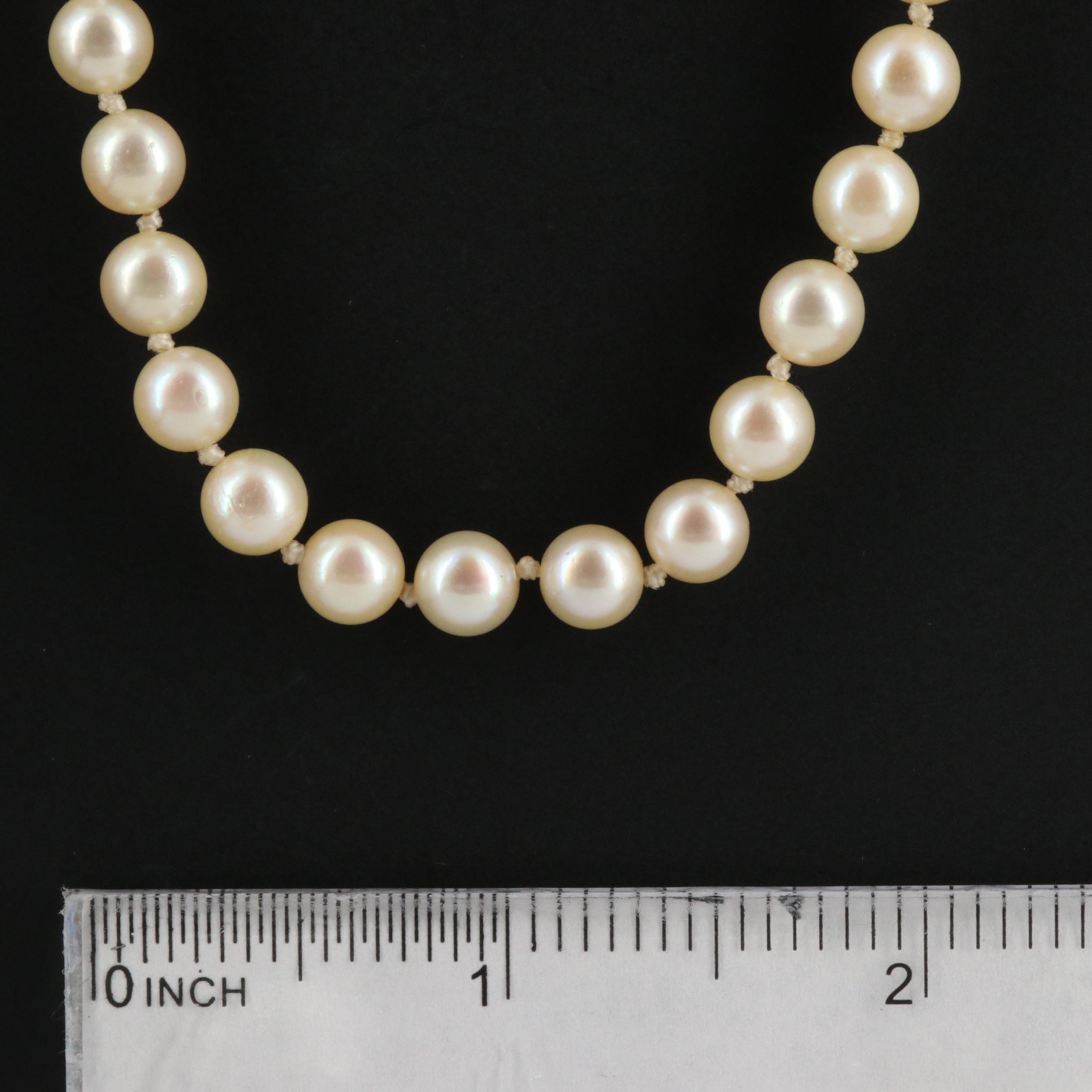 Vintage Hand Knotted Cultured Pearl Strand Necklace with Sterling Silver Clasp