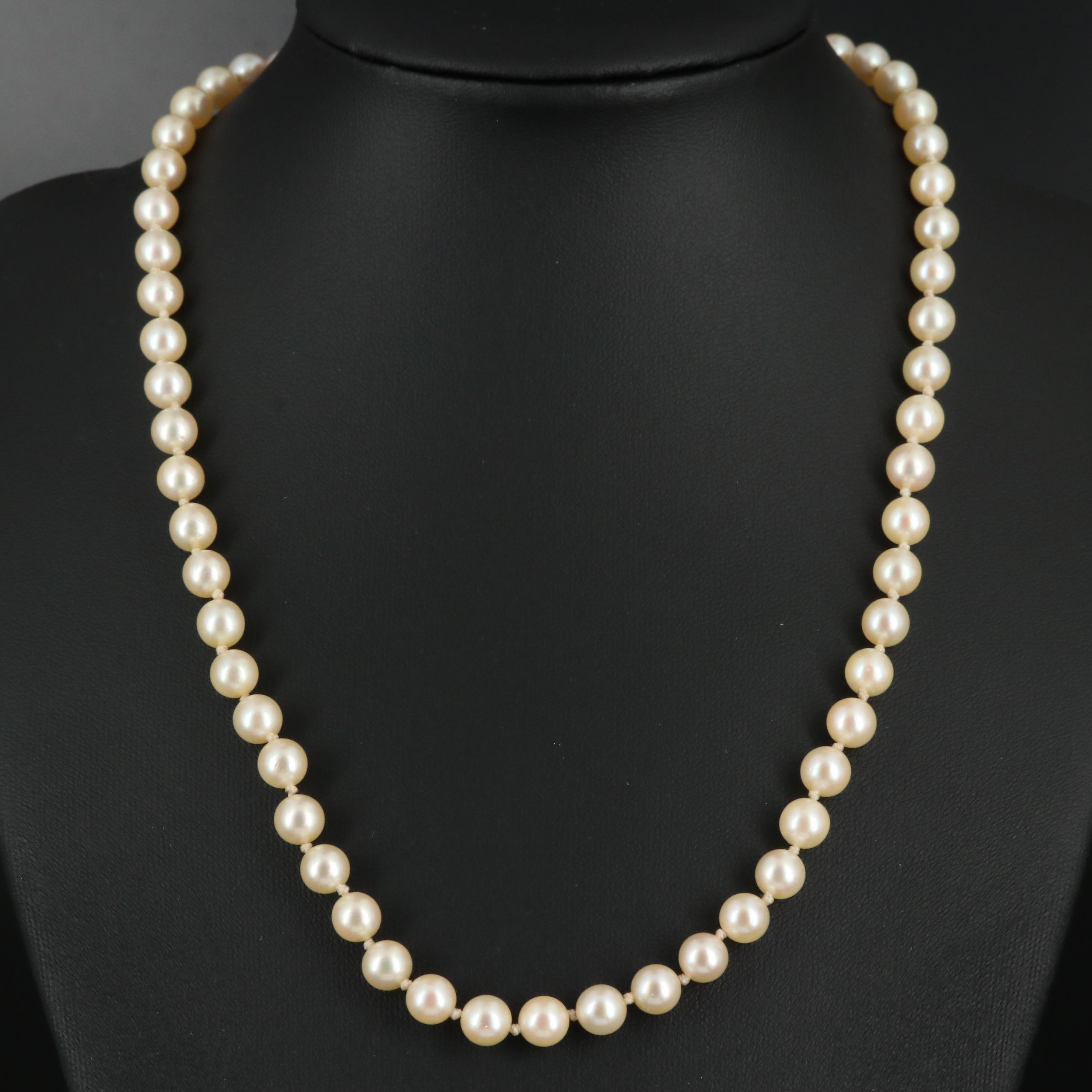 Vintage Hand Knotted Cultured Pearl Strand Necklace with Sterling Silver Clasp