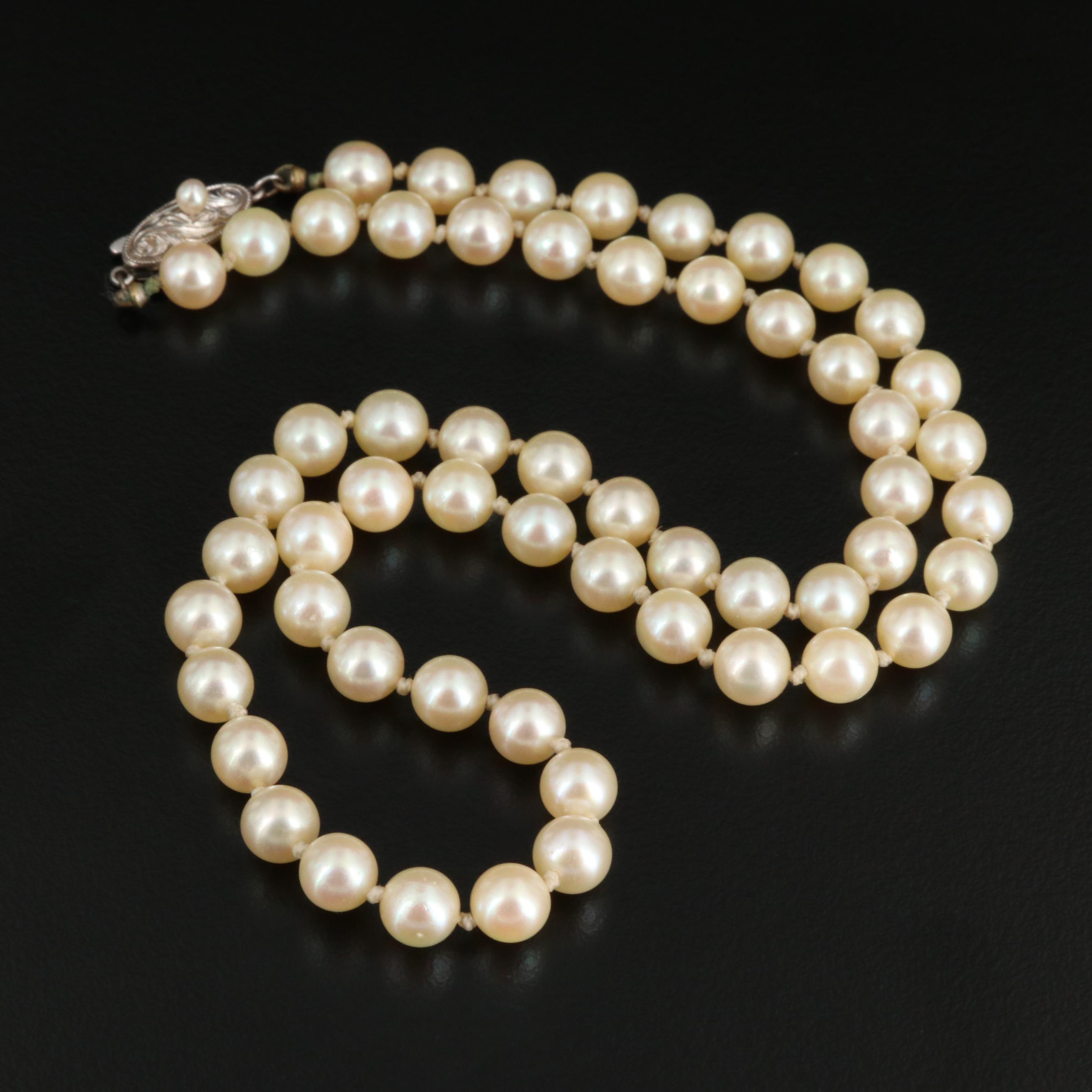 Vintage Hand Knotted Cultured Pearl Strand Necklace with Sterling Silver Clasp