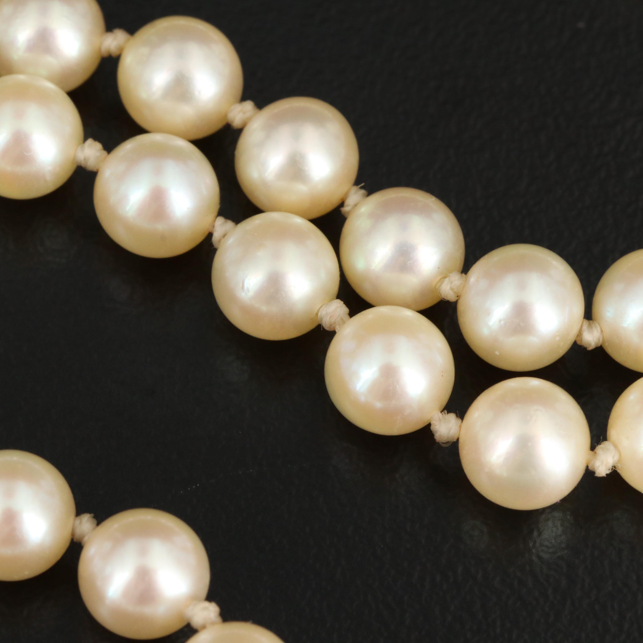 Vintage Hand Knotted Cultured Pearl Strand Necklace with Sterling Silver Clasp