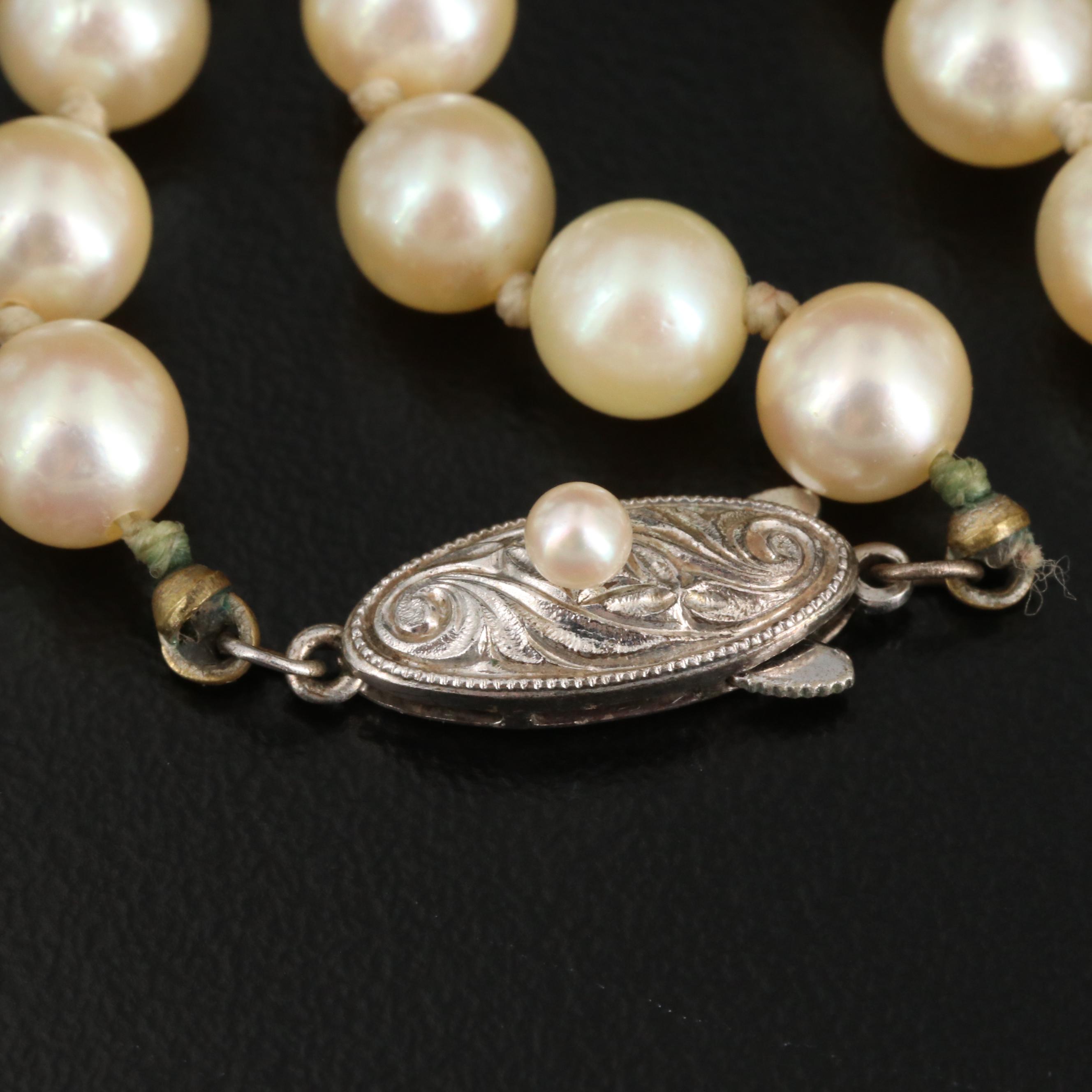 Vintage Hand Knotted Cultured Pearl Strand Necklace with Sterling Silver Clasp