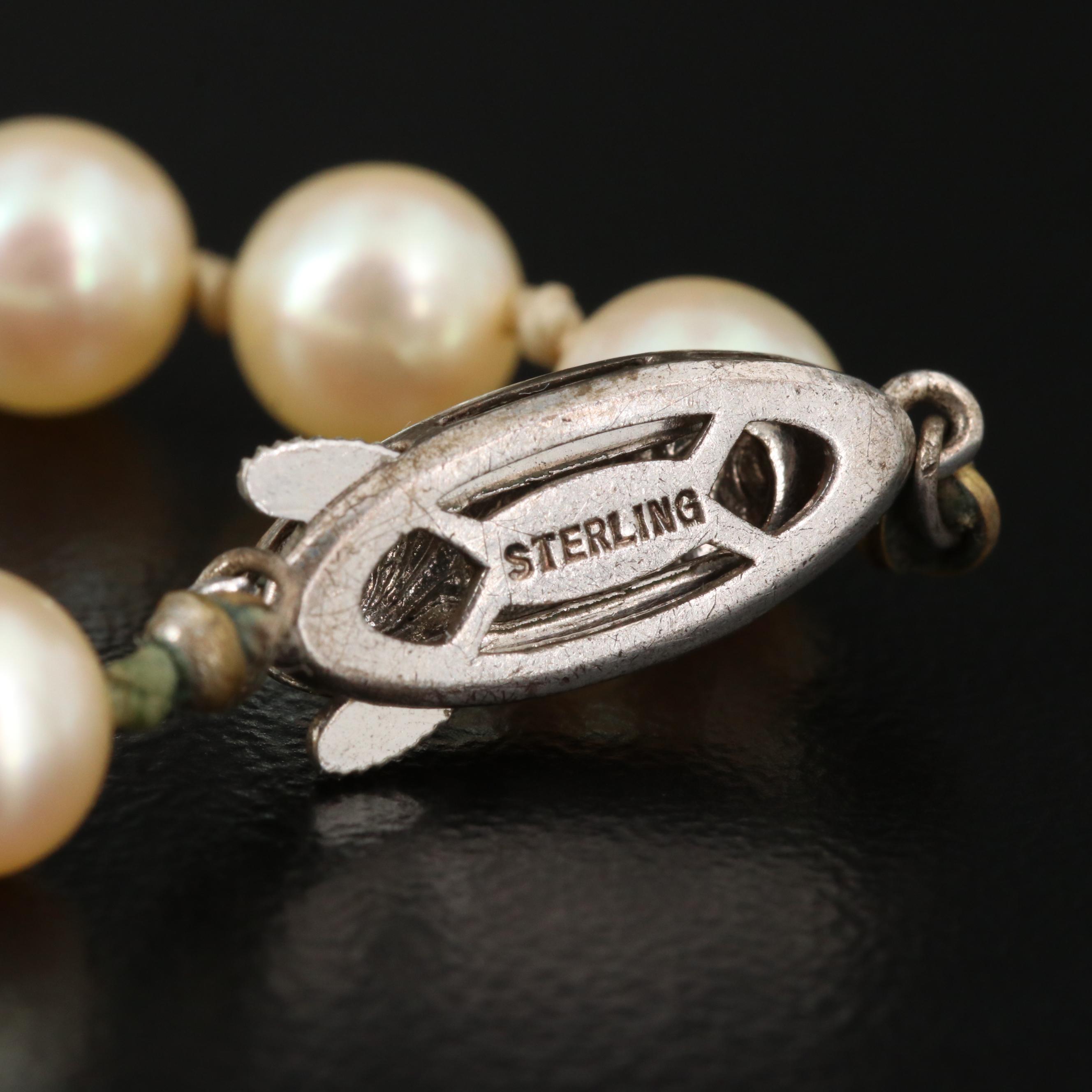 Vintage Hand Knotted Cultured Pearl Strand Necklace with Sterling Silver Clasp