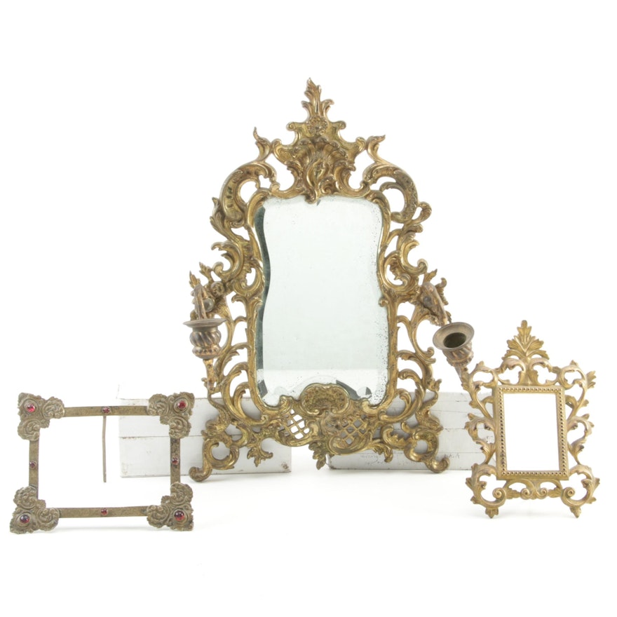 Brass and Beveled Glass Girandole Mirror with Brass Tabletop Frames