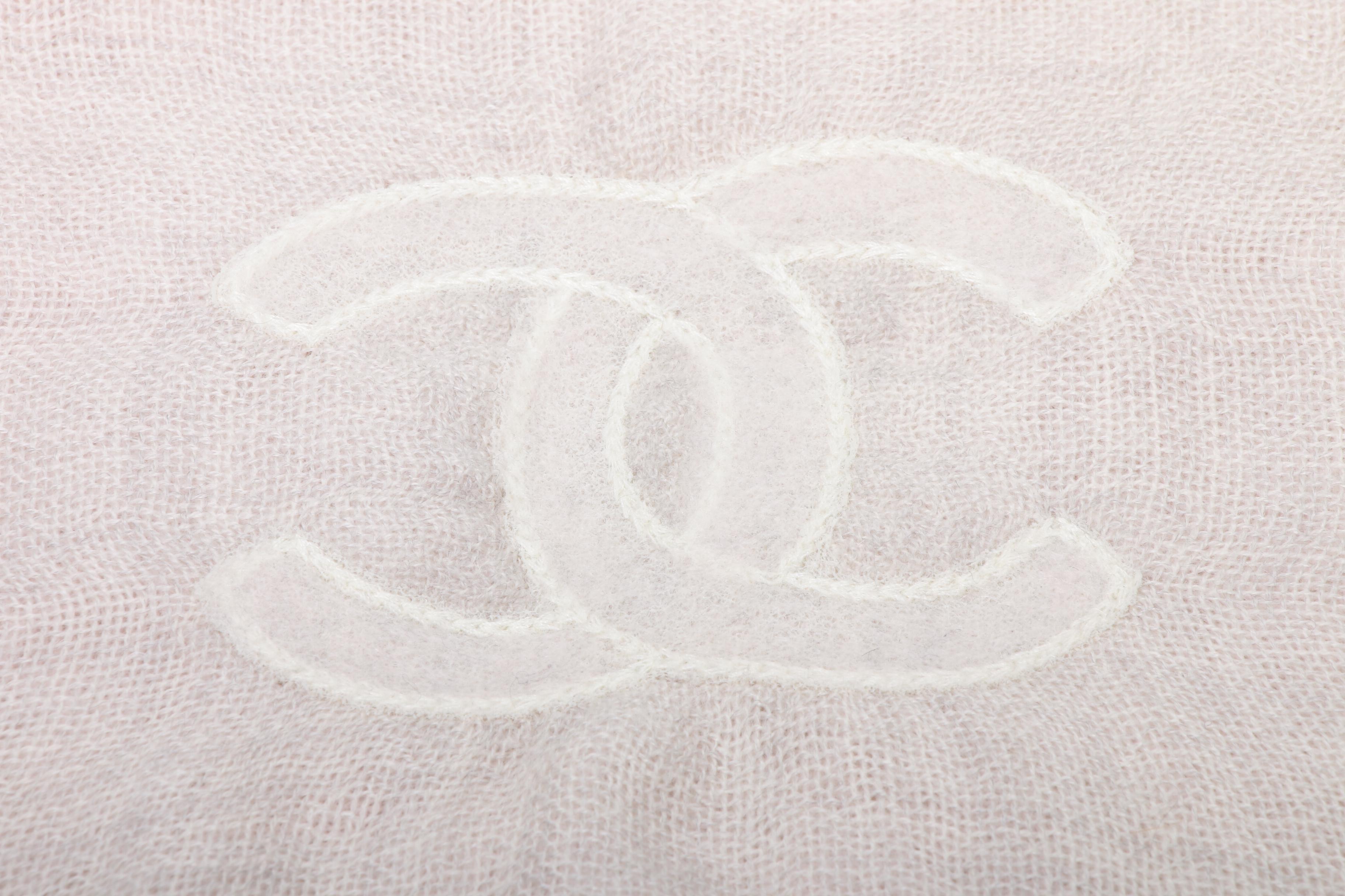 Chanel CC Cashmere Scarf in Beige with Raw Edge Fringed Trim