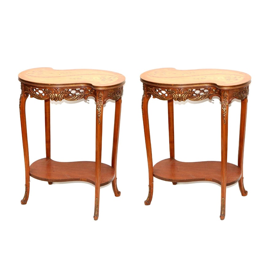 Pair of Rococo Style Marquetry and Mahogany End Tables