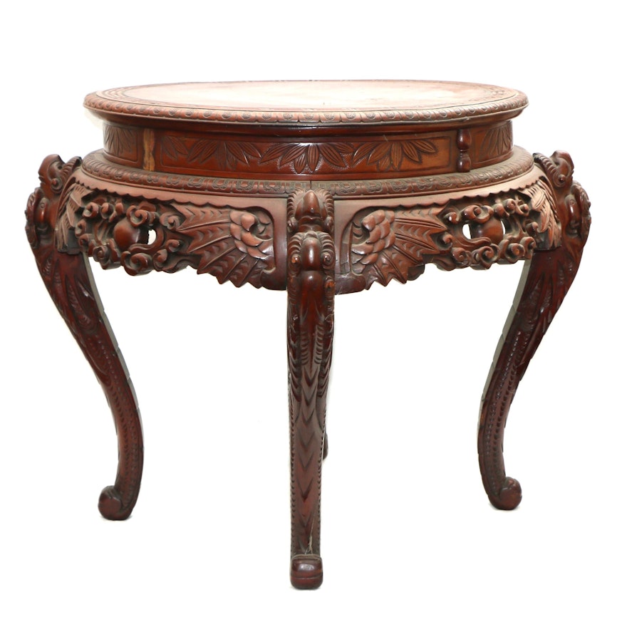 Chinese Carved Wood and Leather-Top Table, 20th Century