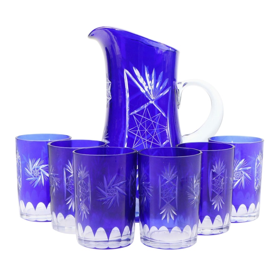 Cobalt Cut to Clear "Hobstar" Pitcher and Tumblers