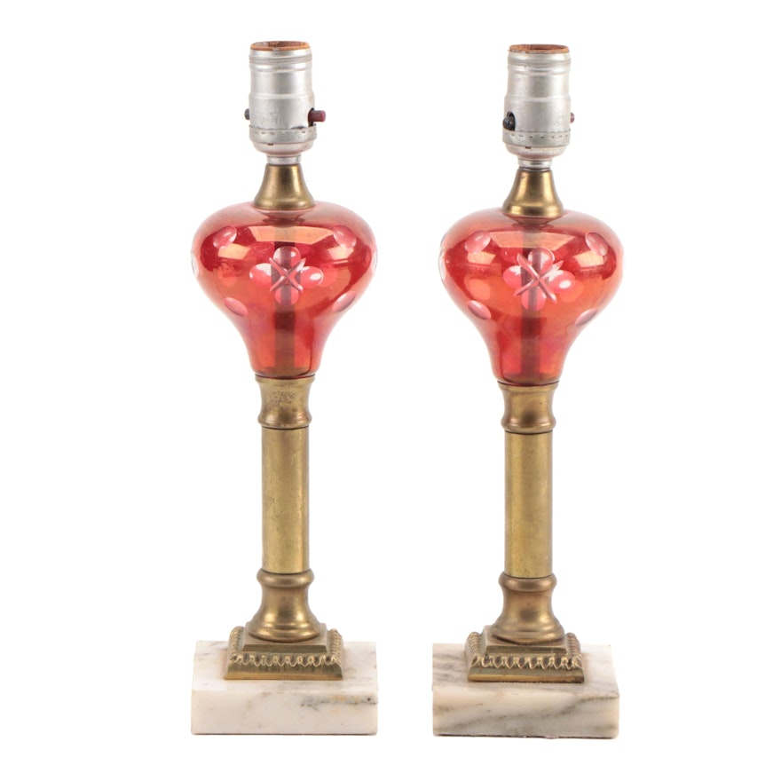 Pair of Victorian Style Ruby Cut-to-Clear Glass and Marble Converted Table Lamps