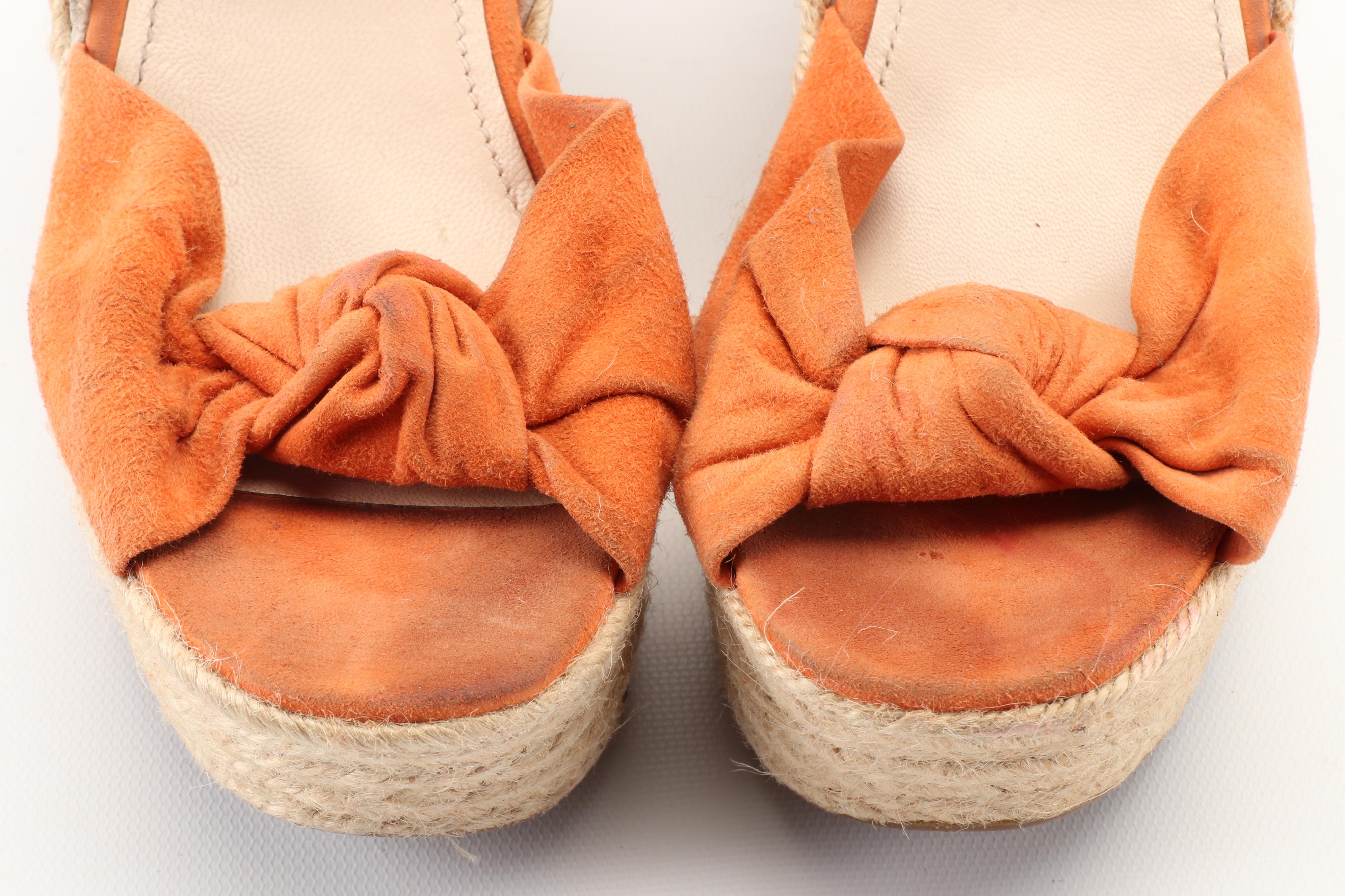 Prada Sport Knotted Orange Suede and Cork Espadrille Wedge Sandals